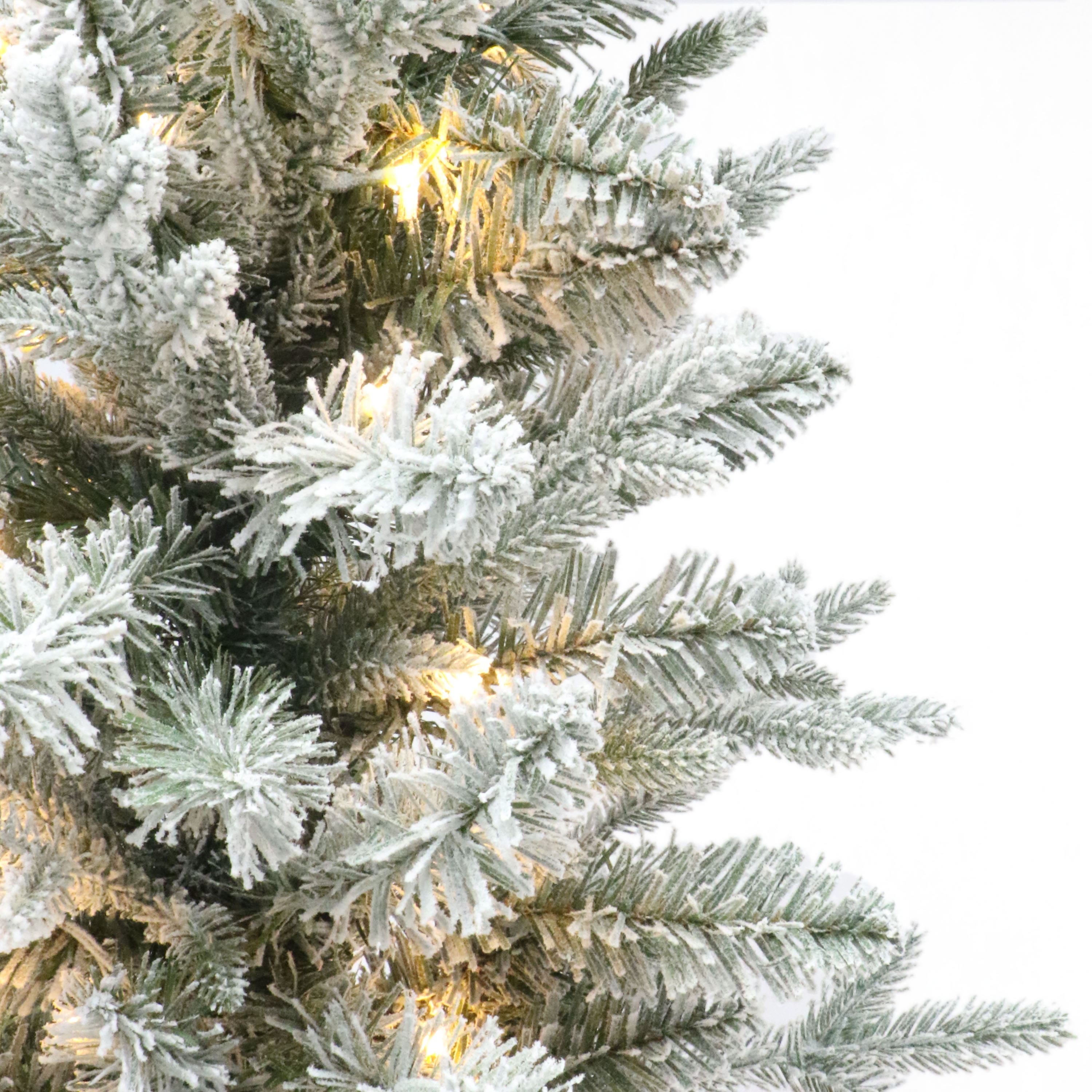 Pre-Lit Flocked Spruce Artificial Christmas Trees with Burlap Base Set, Warm White LED Lights
