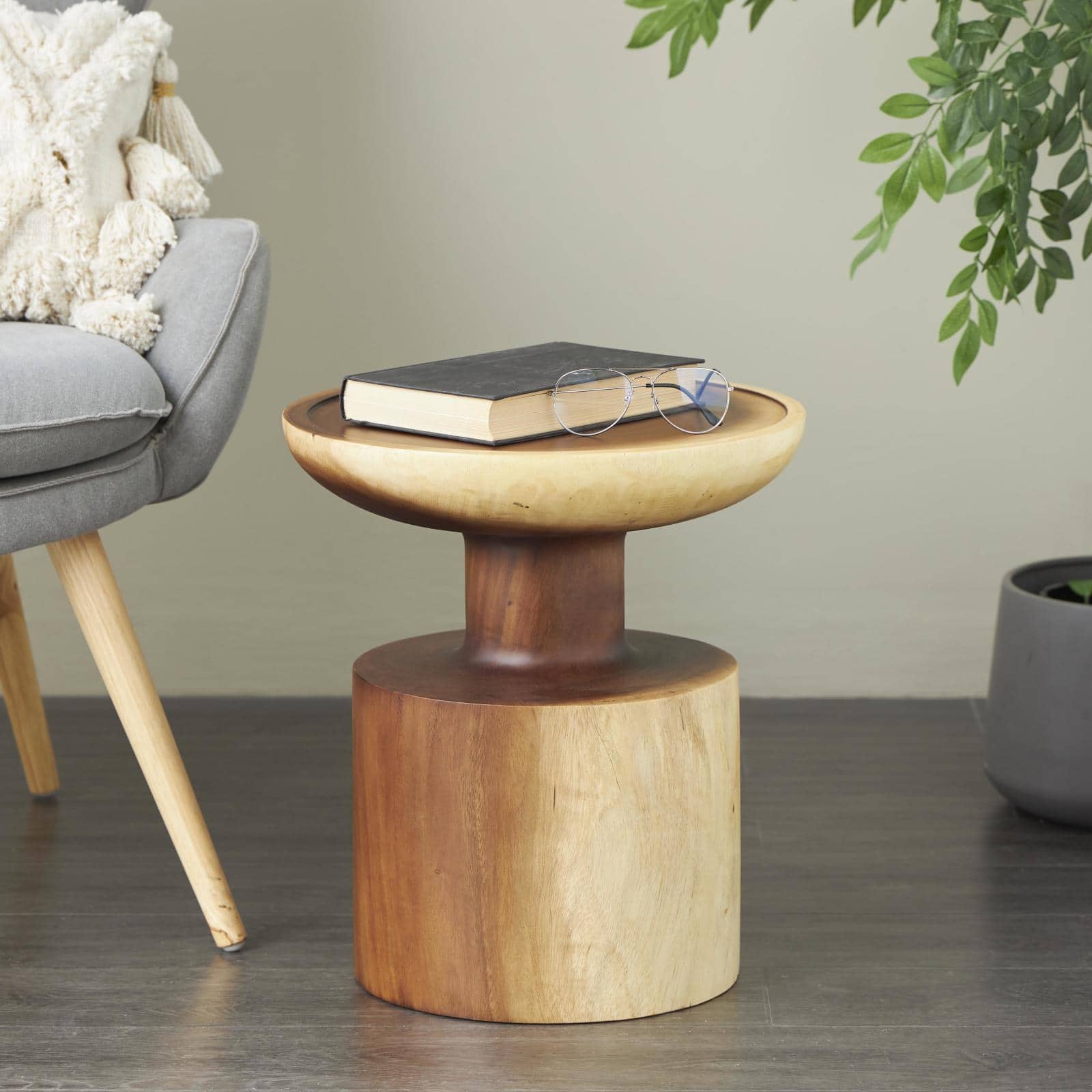 18" x 16" Natural Brown Round Handmade Albizia Wood Accent Table with Cylindrical Base