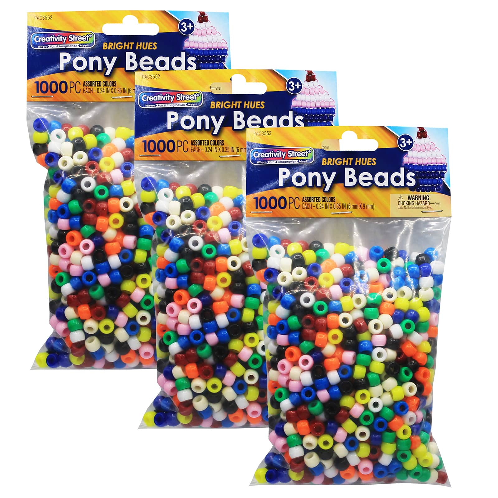 Creativity Street® 9mm Bright Hues Pony Beads, 3 Packs of 1,000