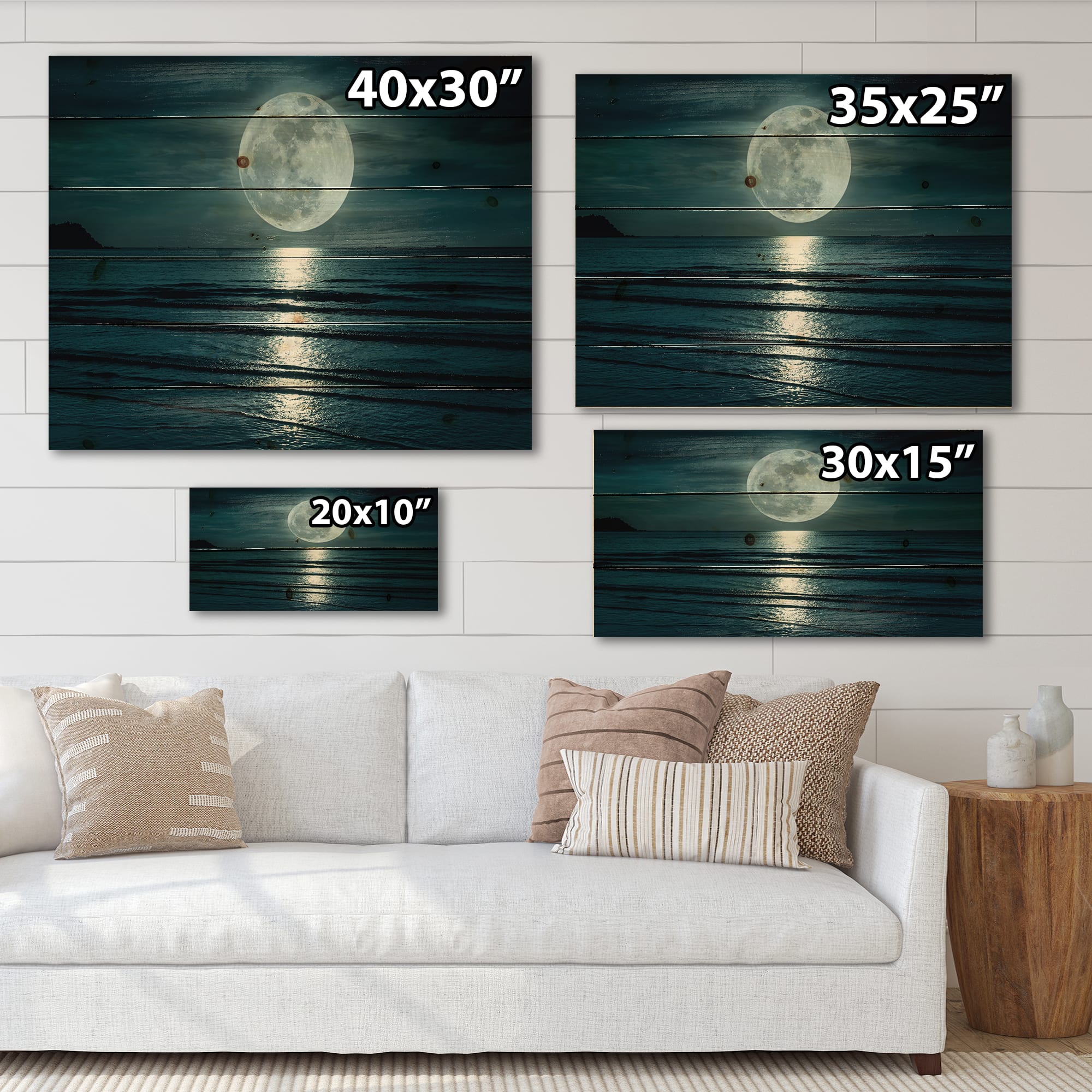 Designart - Super Moon Over The Sea I - Modern Print on Natural Pine Wood