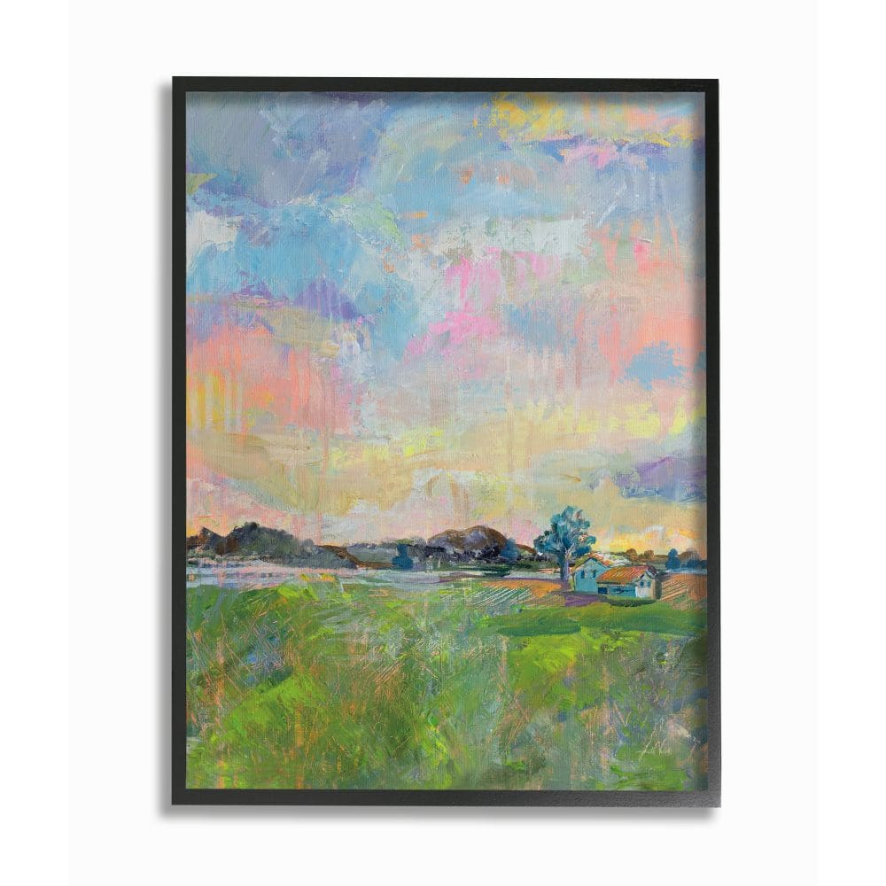 Stupell Industries Spring Meadow Sky with Field House Pastel Painting in Black Frame Wall Art