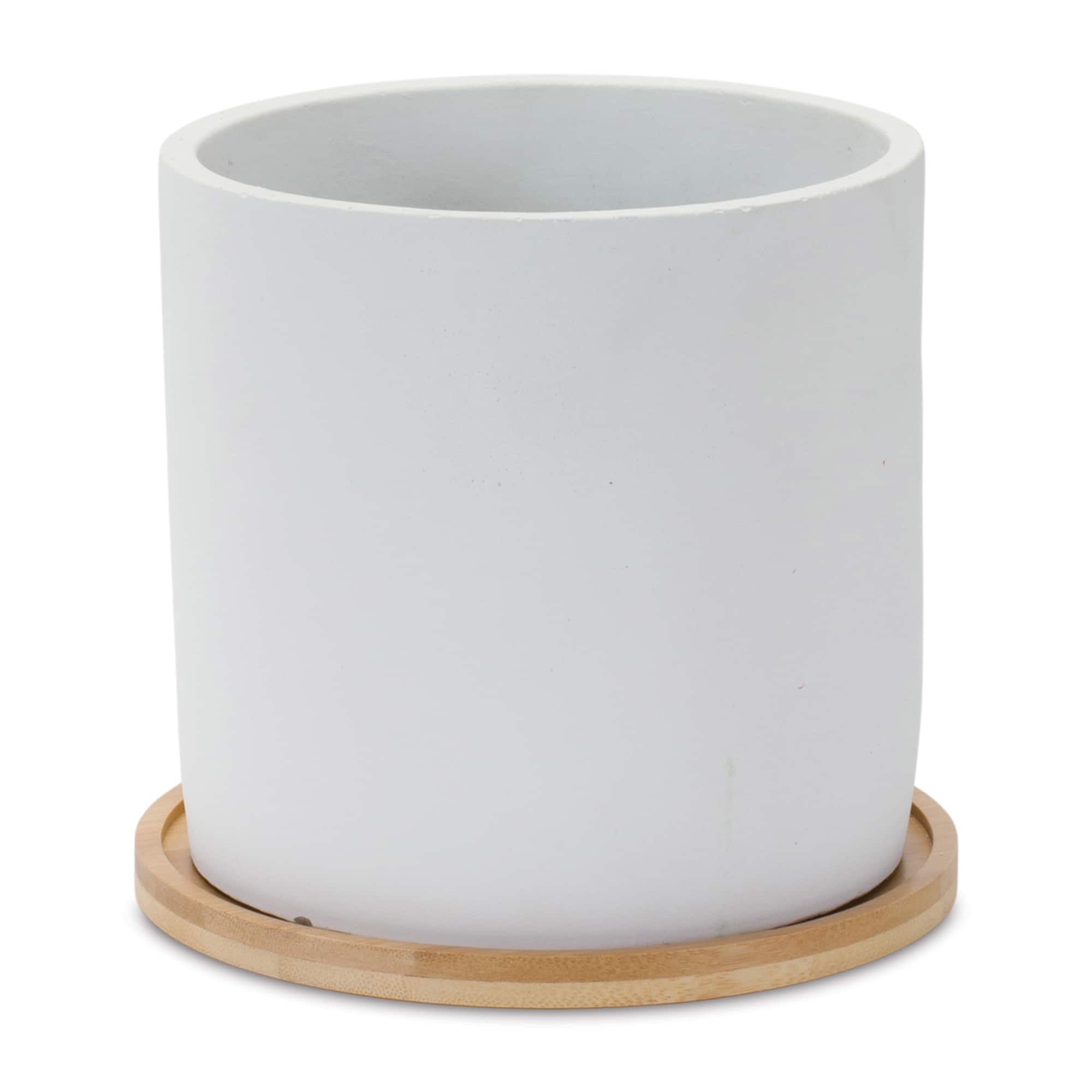 White Stone Planters with Wood Plates Set