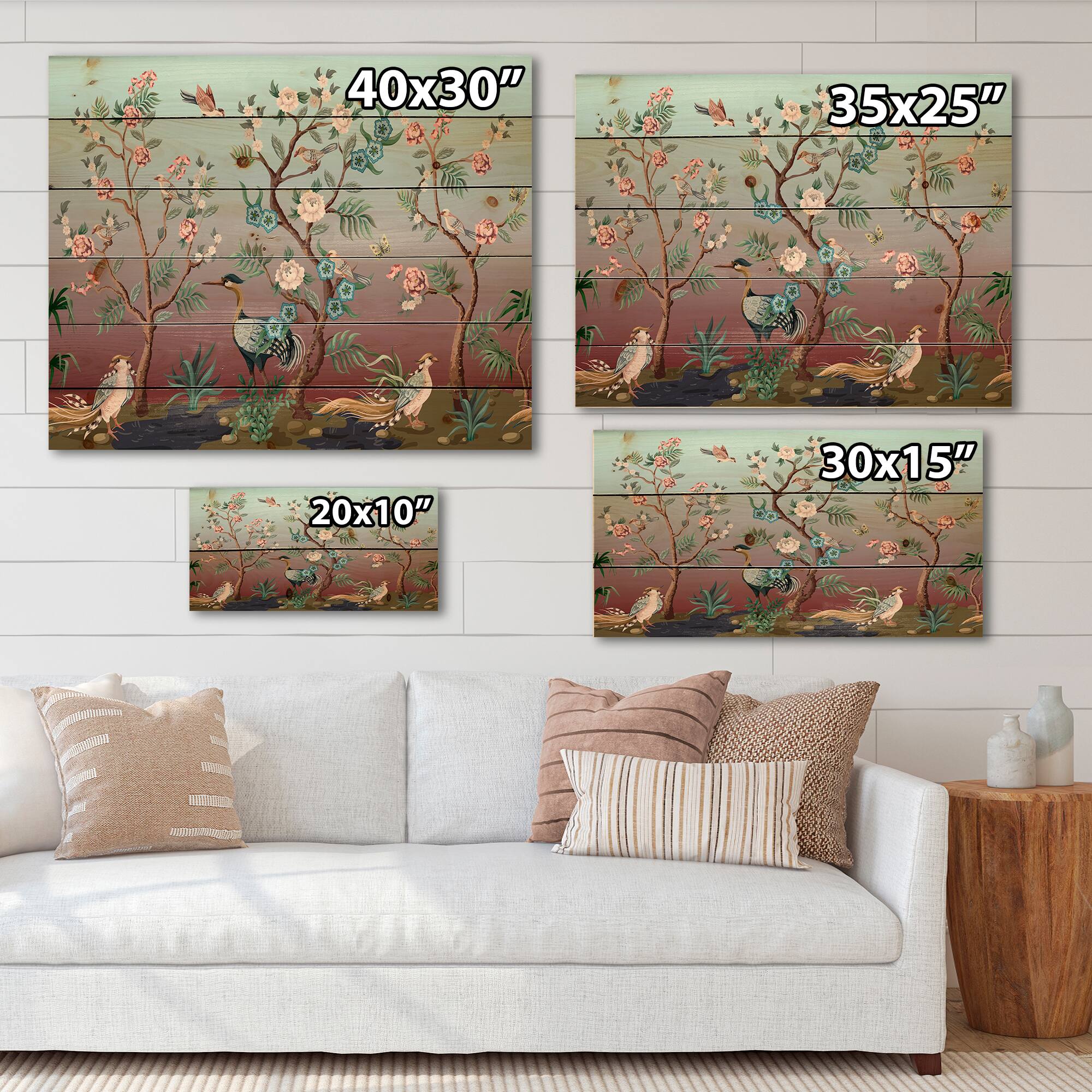 Designart - Chinoiserie With Birds and Peonies XI - Traditional Print on Natural Pine Wood