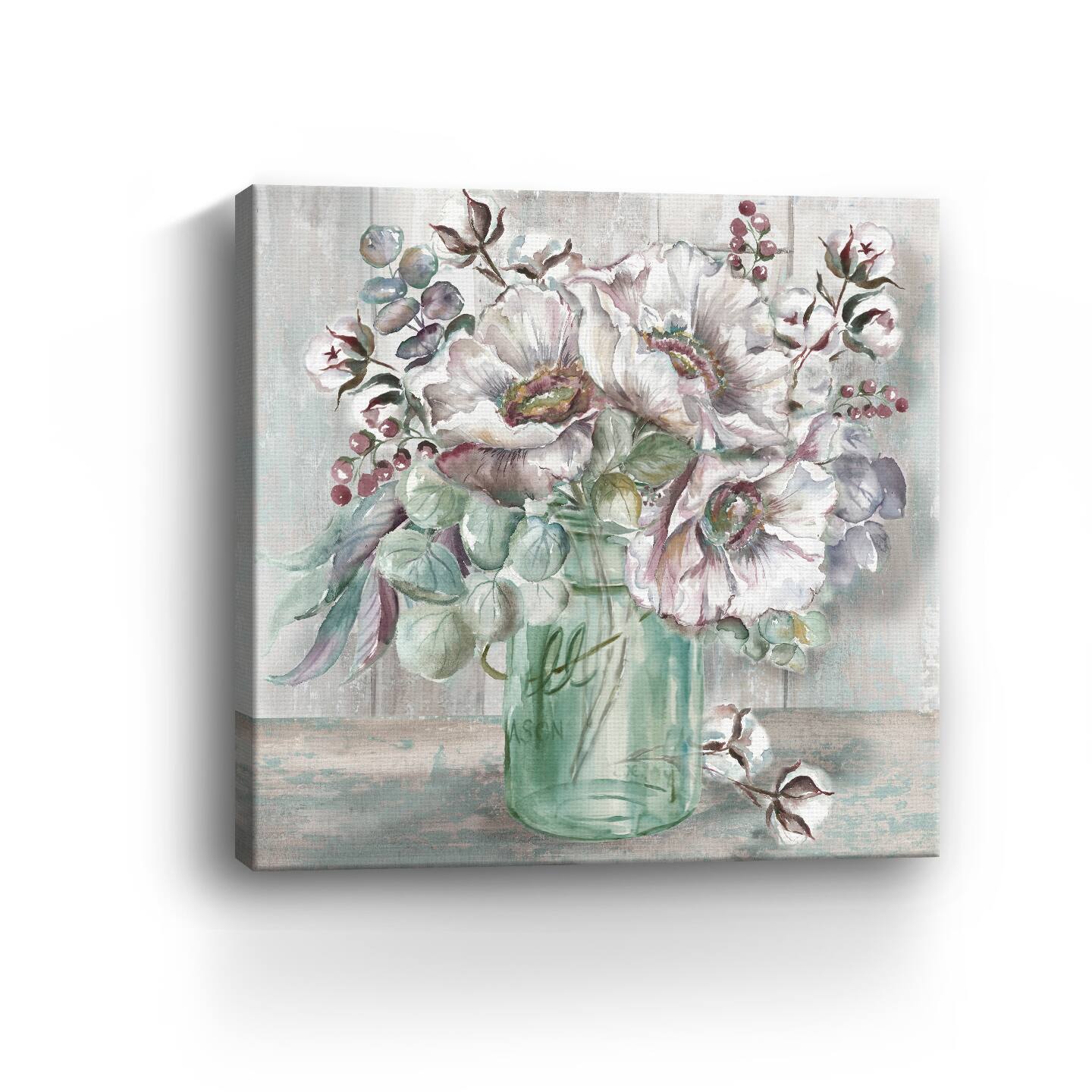 Blush Poppies And Eucalyptus In Mason Jar Canvas Giclee