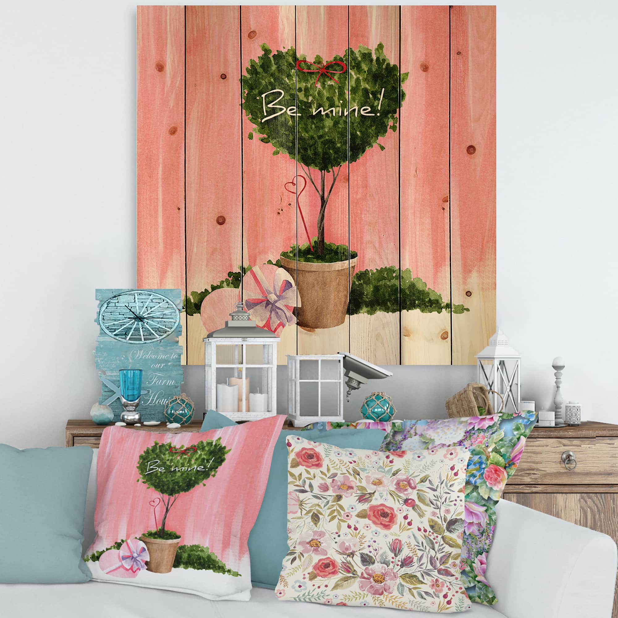Designart - Heart Shaped Valentine House Plant - Farmhouse Print on Natural Pine Wood