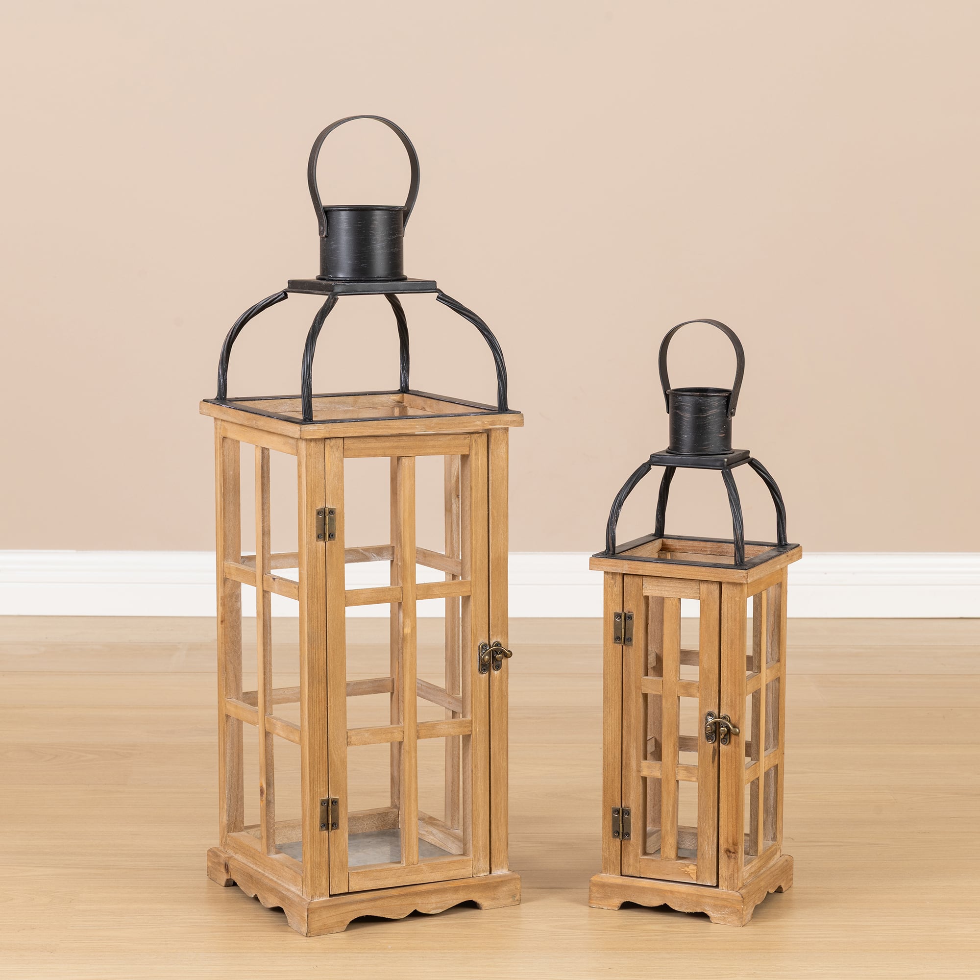Glitzhome® Farmhouse Natural Wood & Black Metal Lantern Set