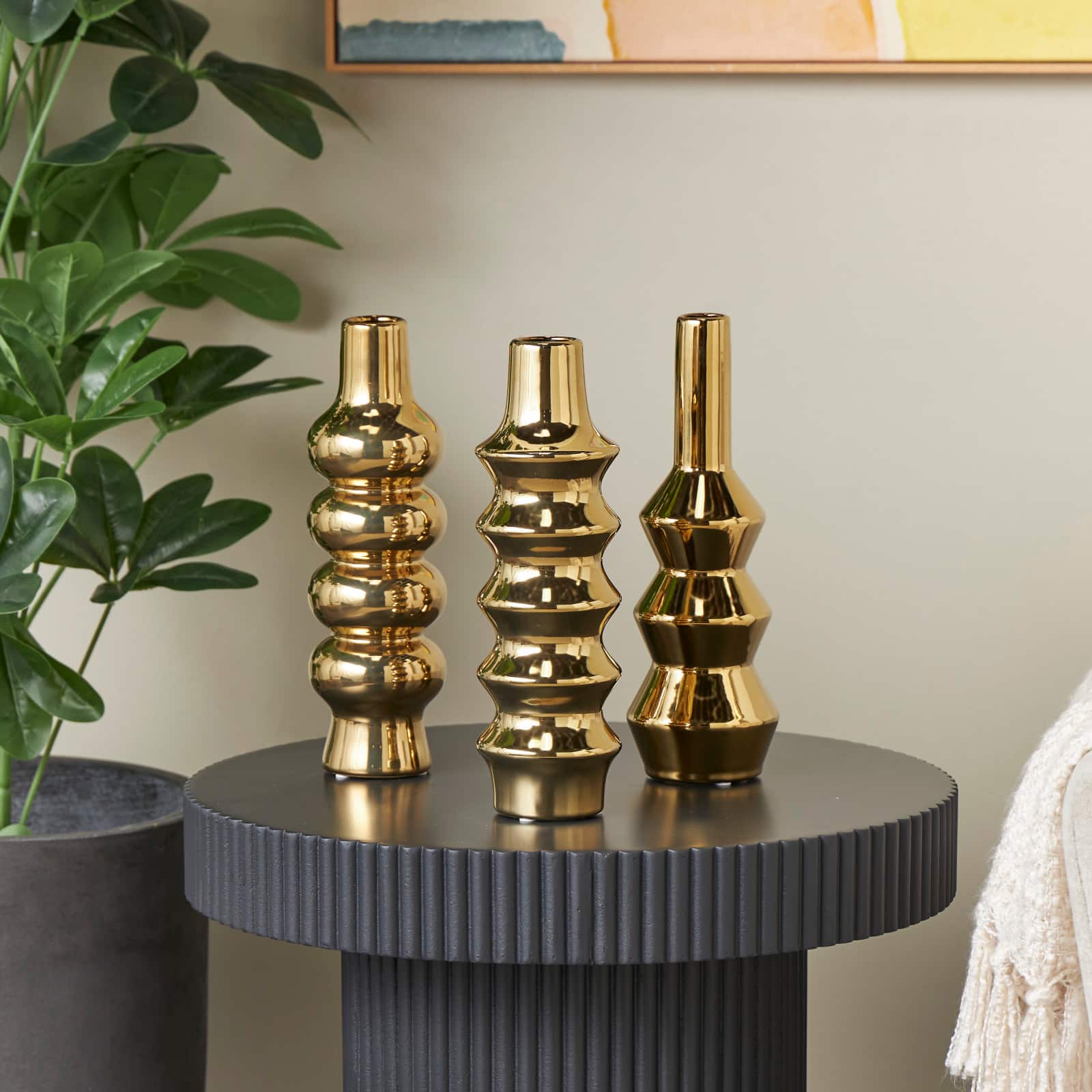 Gold Ceramic Abstract Bubble Ribbed Vase Set