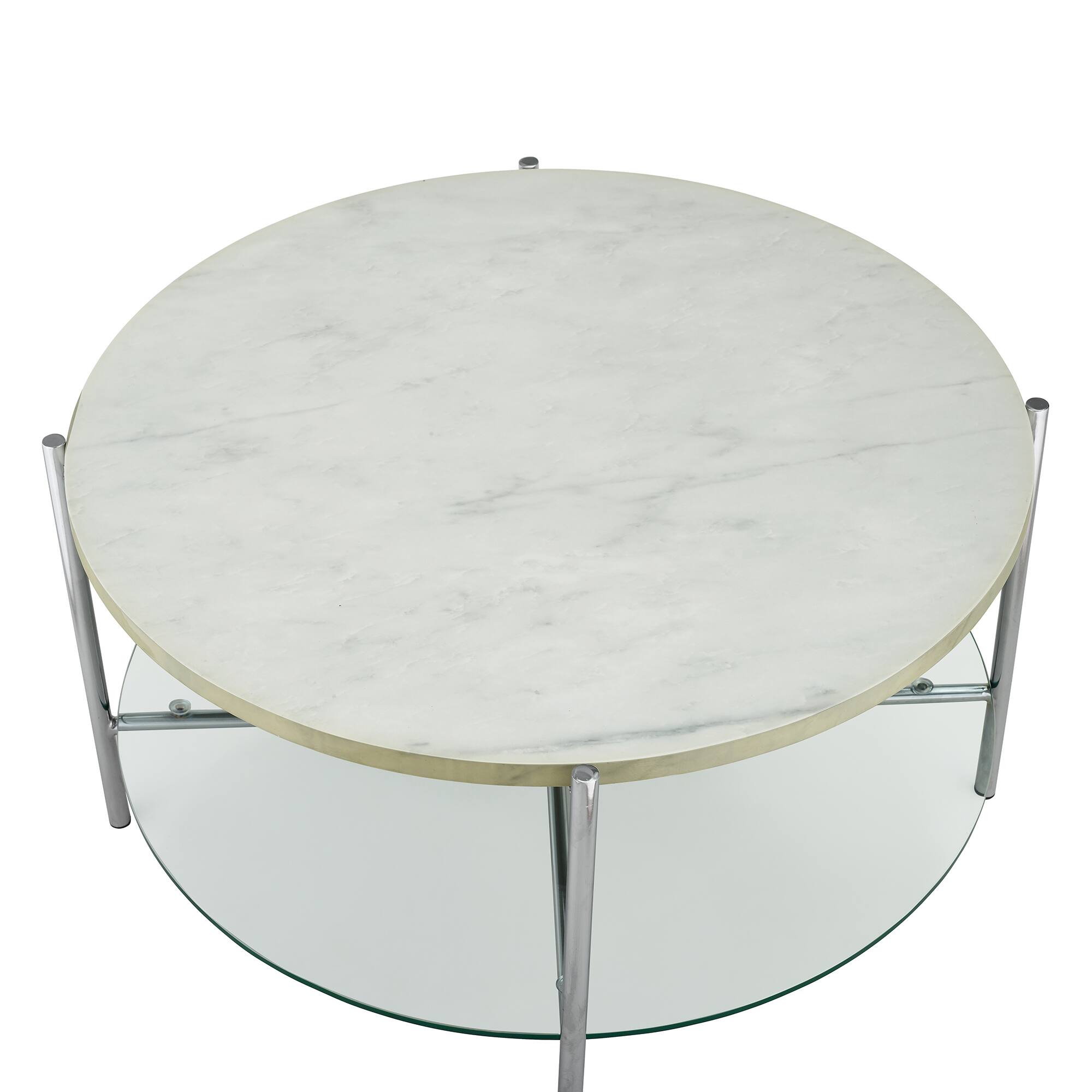 Faux White Marble, Glass & Chrome Modern Round Coffee Table