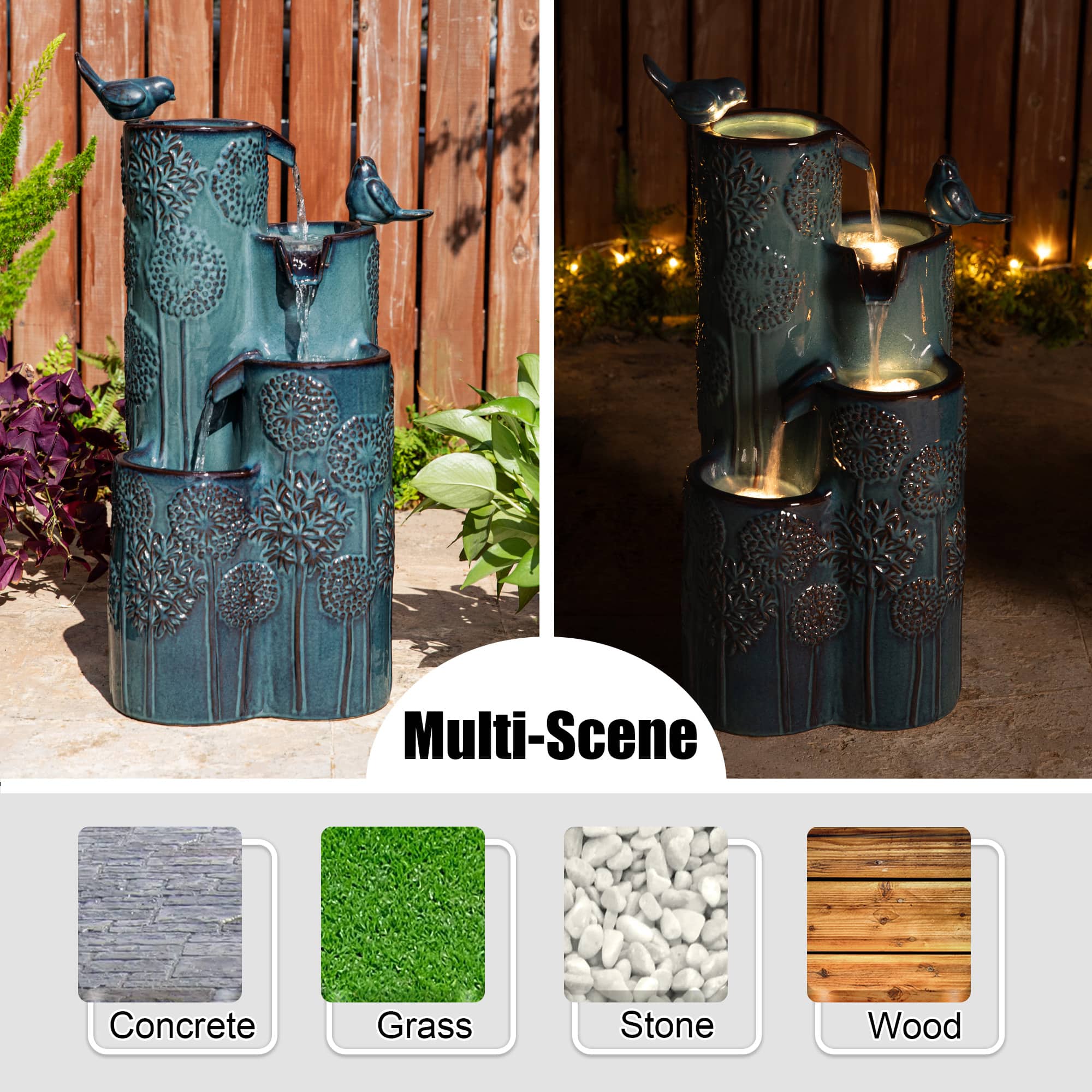 Glitzhome® 26.25" LED 4-Tier Dandelion Texture Vase-Shaped Outdoor Floor Fountain