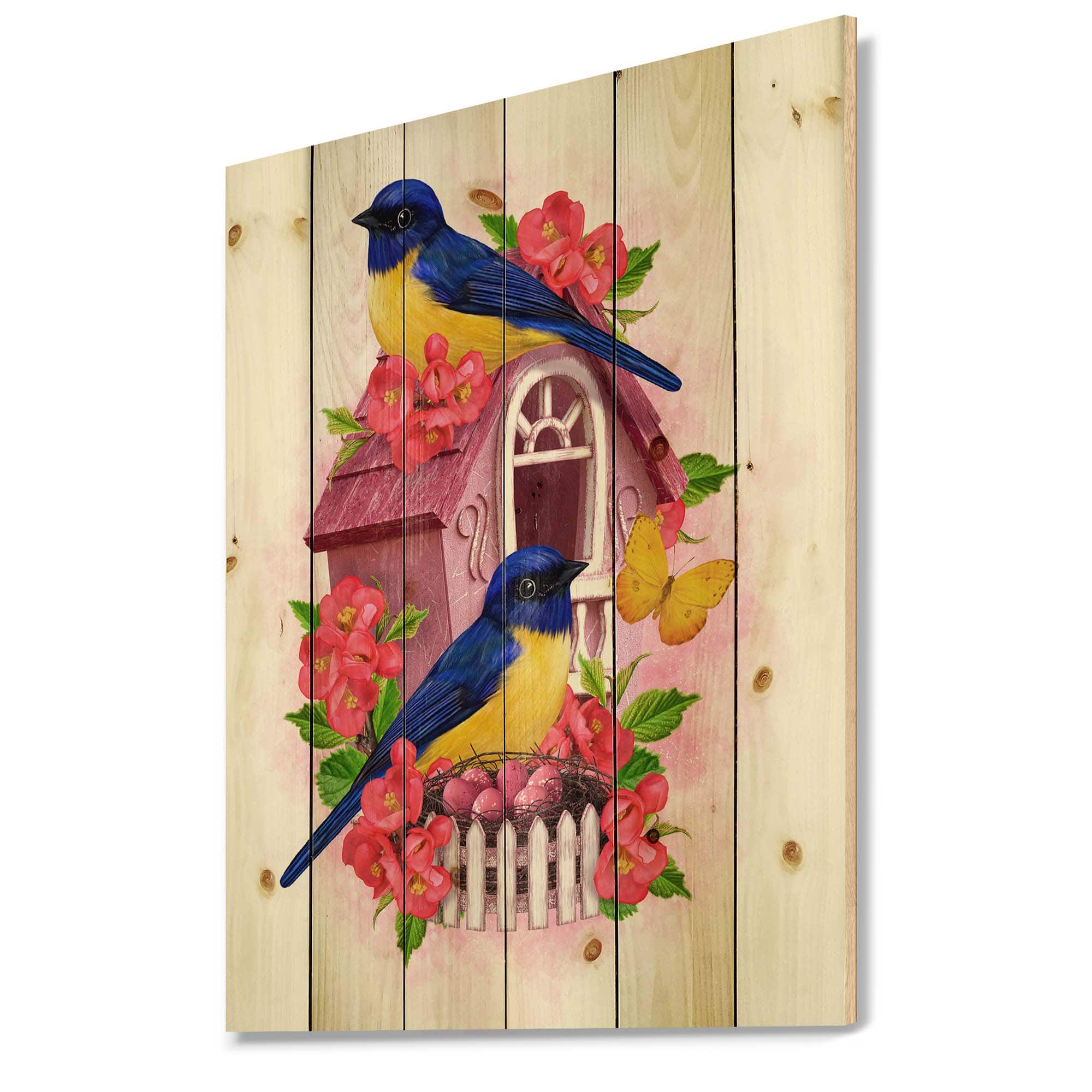 Designart - Two Blue & Yellow Tit Birds Sitting Near The Nest - Traditional Print on Natural Pine Wood in Red | 30" x 40" | Michaels&reg;