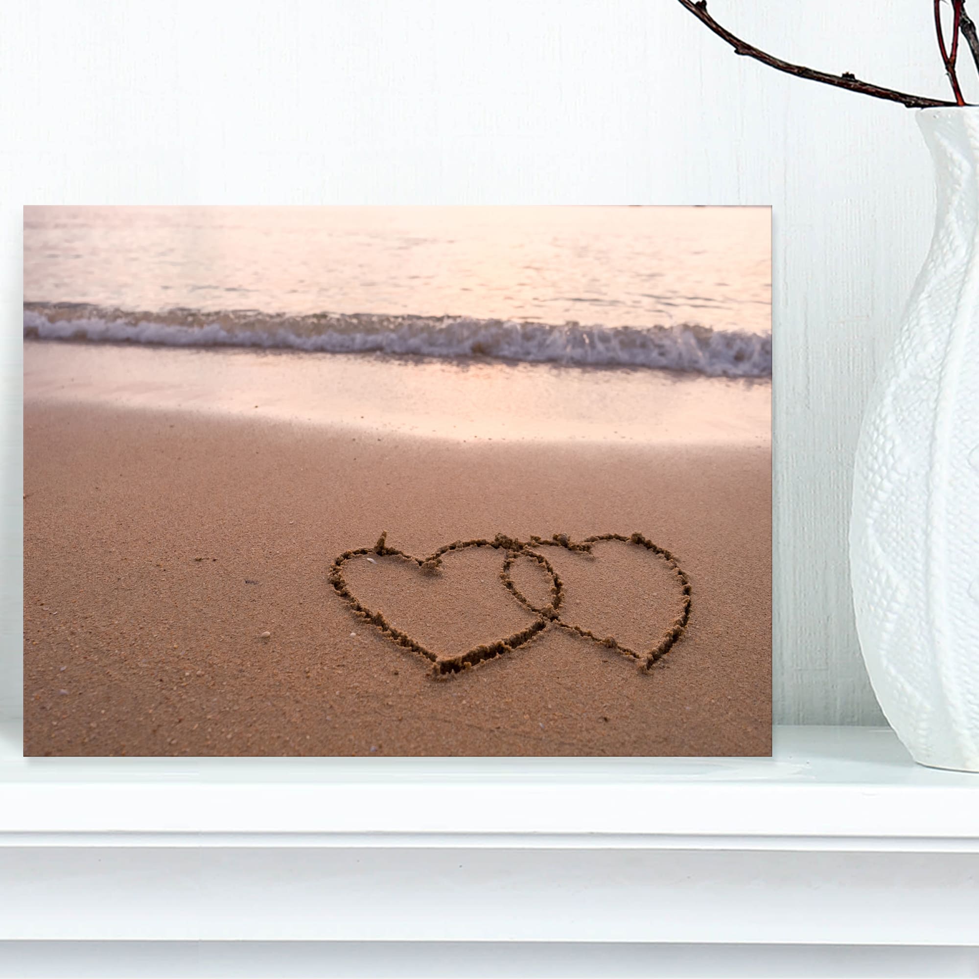 Designart - Two Hearts Drawn on the Beach - Extra Large Seascape Art Canvas
