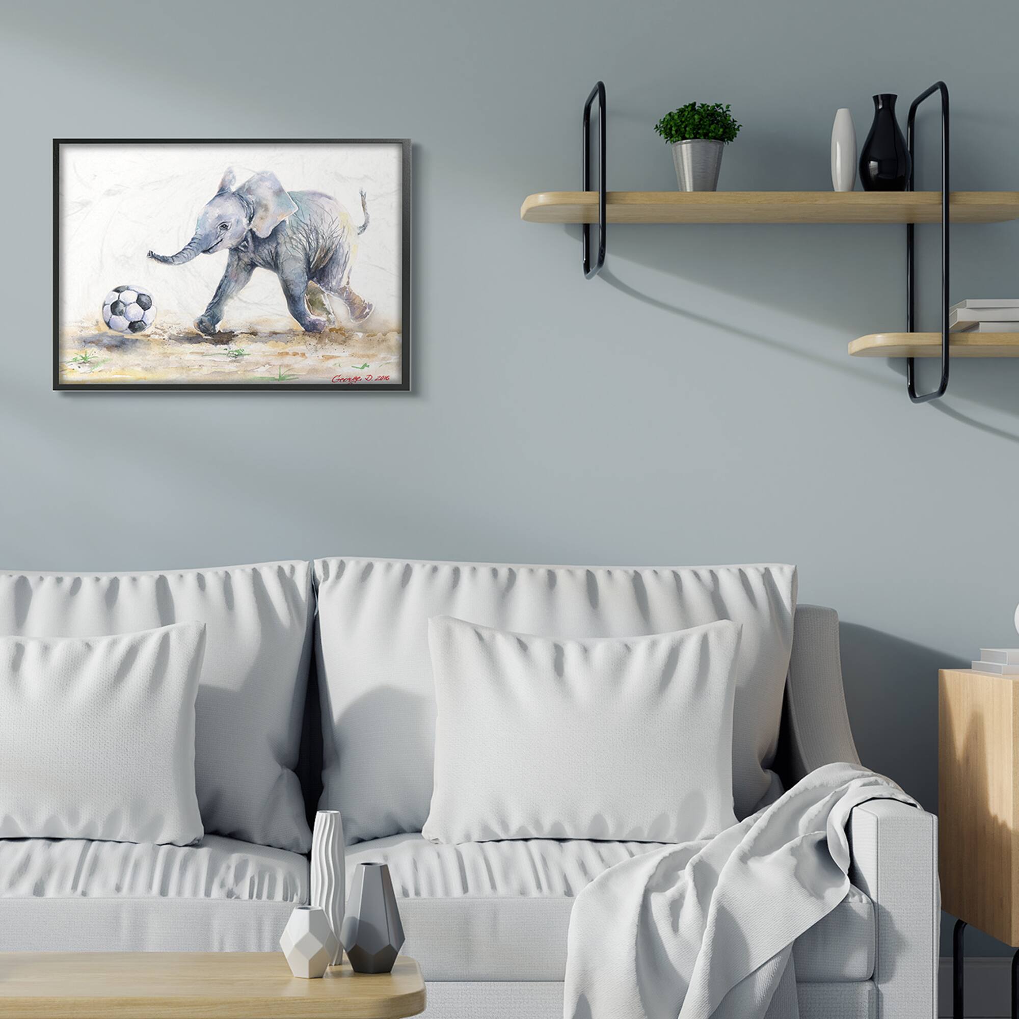 Stupell Industries Elephant Baby Playing Soccer Adorable Jungle Animal in Frame Wall Art