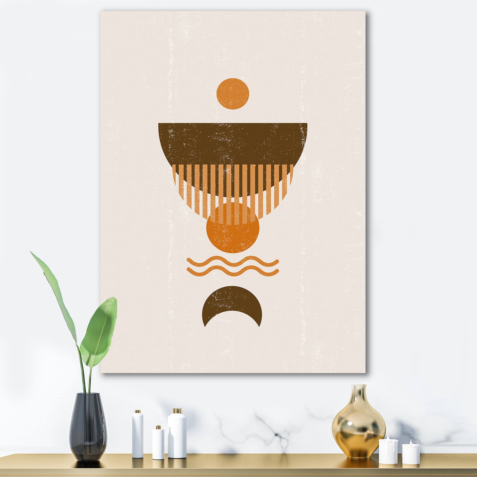 Designart - Abstract Minimal Orange Sun and Brown Moon - Modern Canvas Wall Art Print