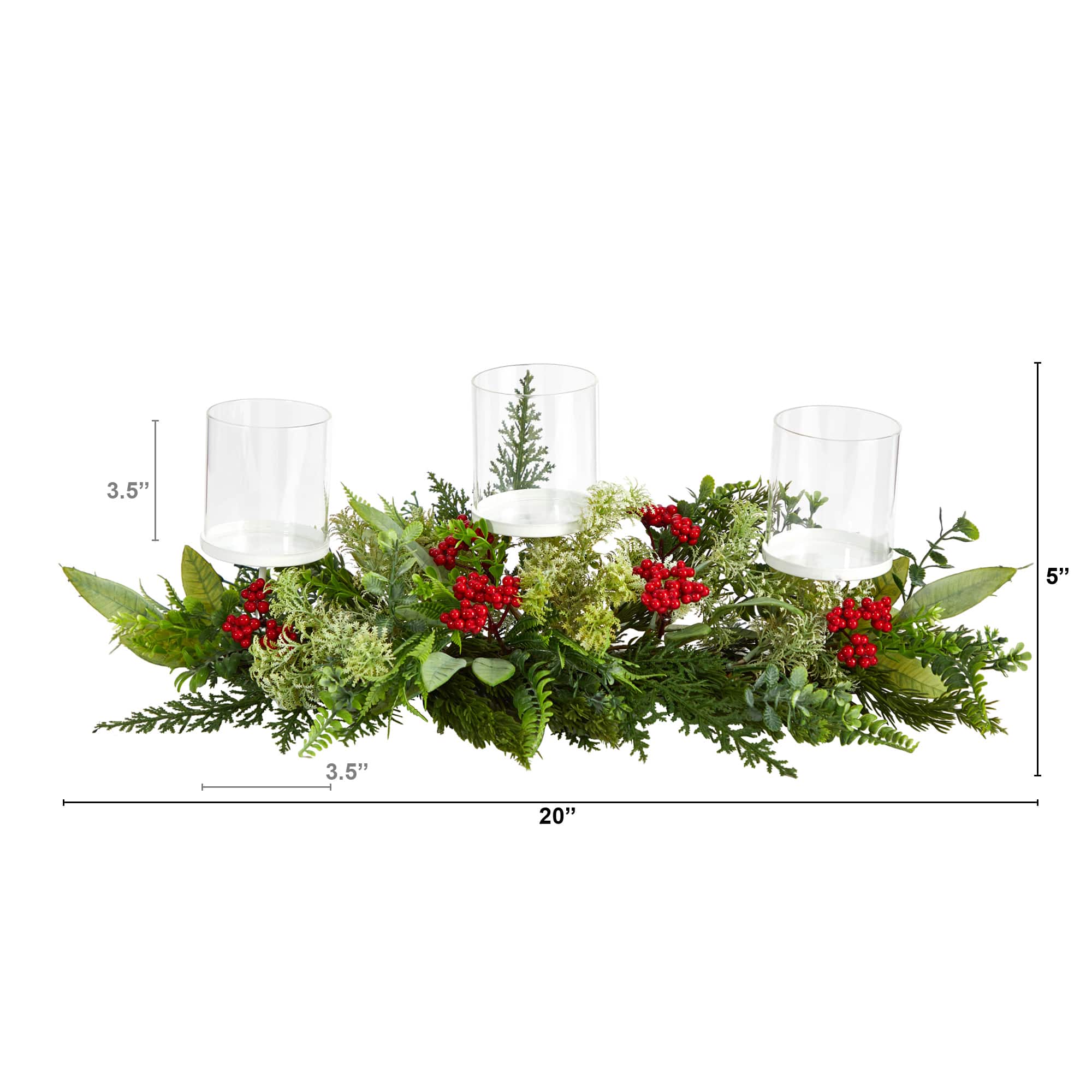 20" Winter Greenery & Berries Triple Candle Holder Christmas Table Arrangement
