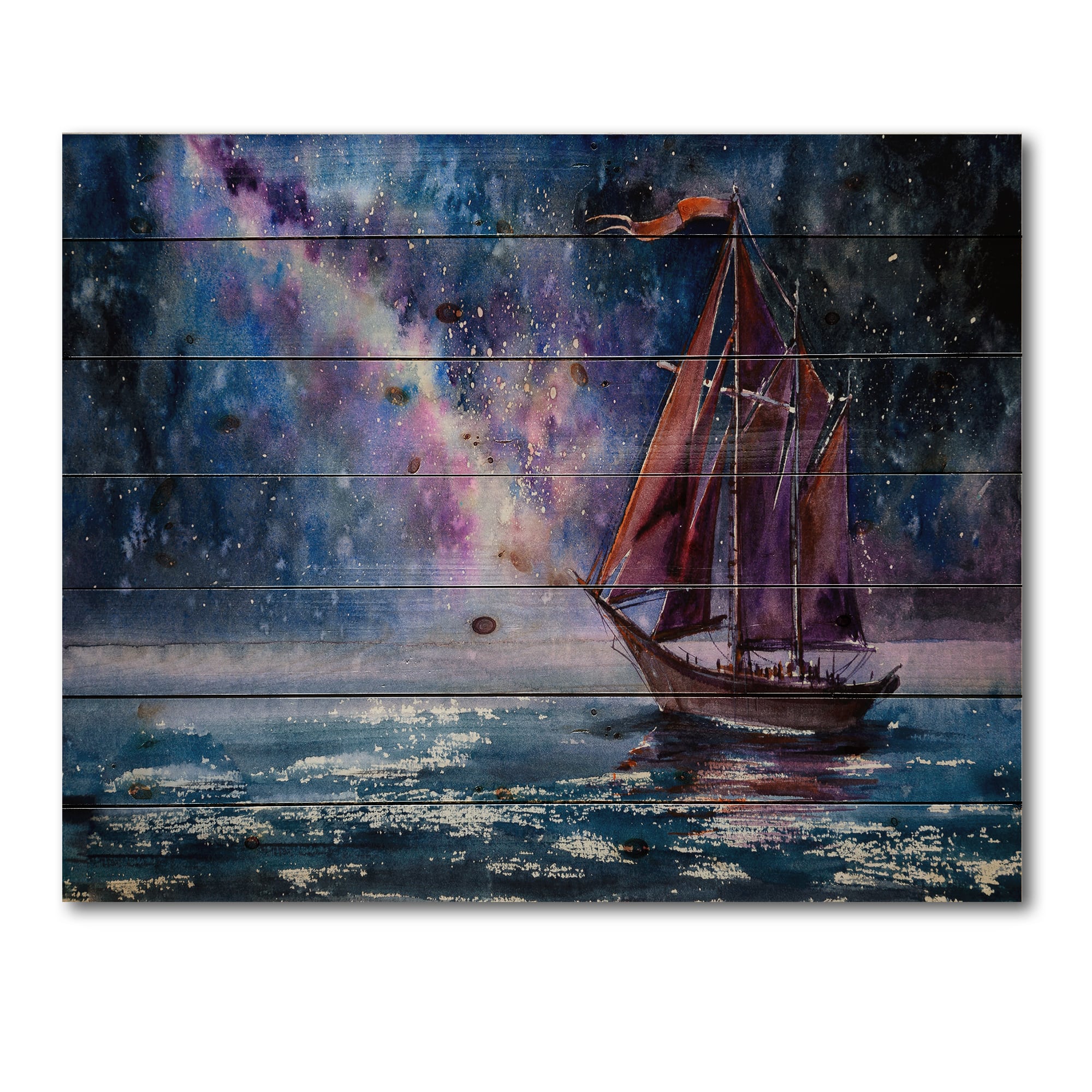 Designart - Wooden Sailboat With Red Sails & Bright Night Sky - Nautical & Coastal Print on Natural Pine Wood