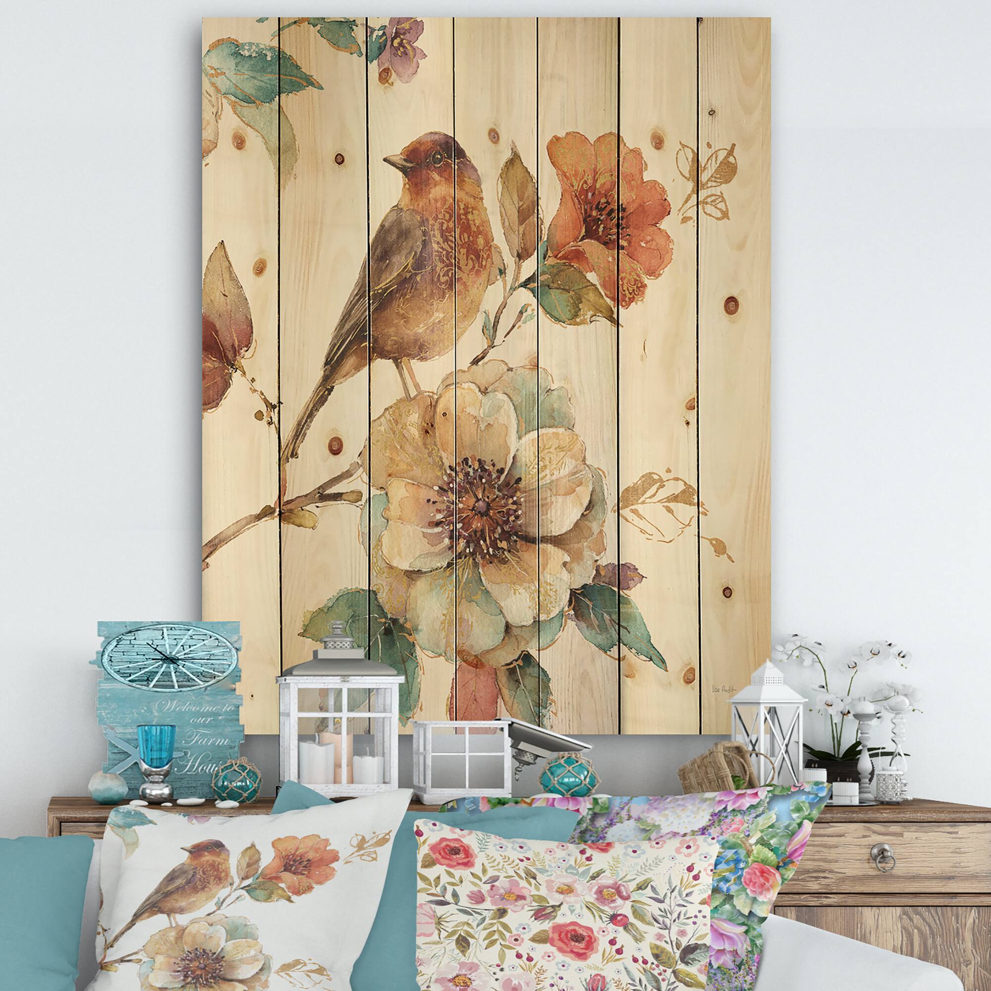 Designart - Farmhouse Bird on Flower Branch - Traditional Print on Natural Pine Wood