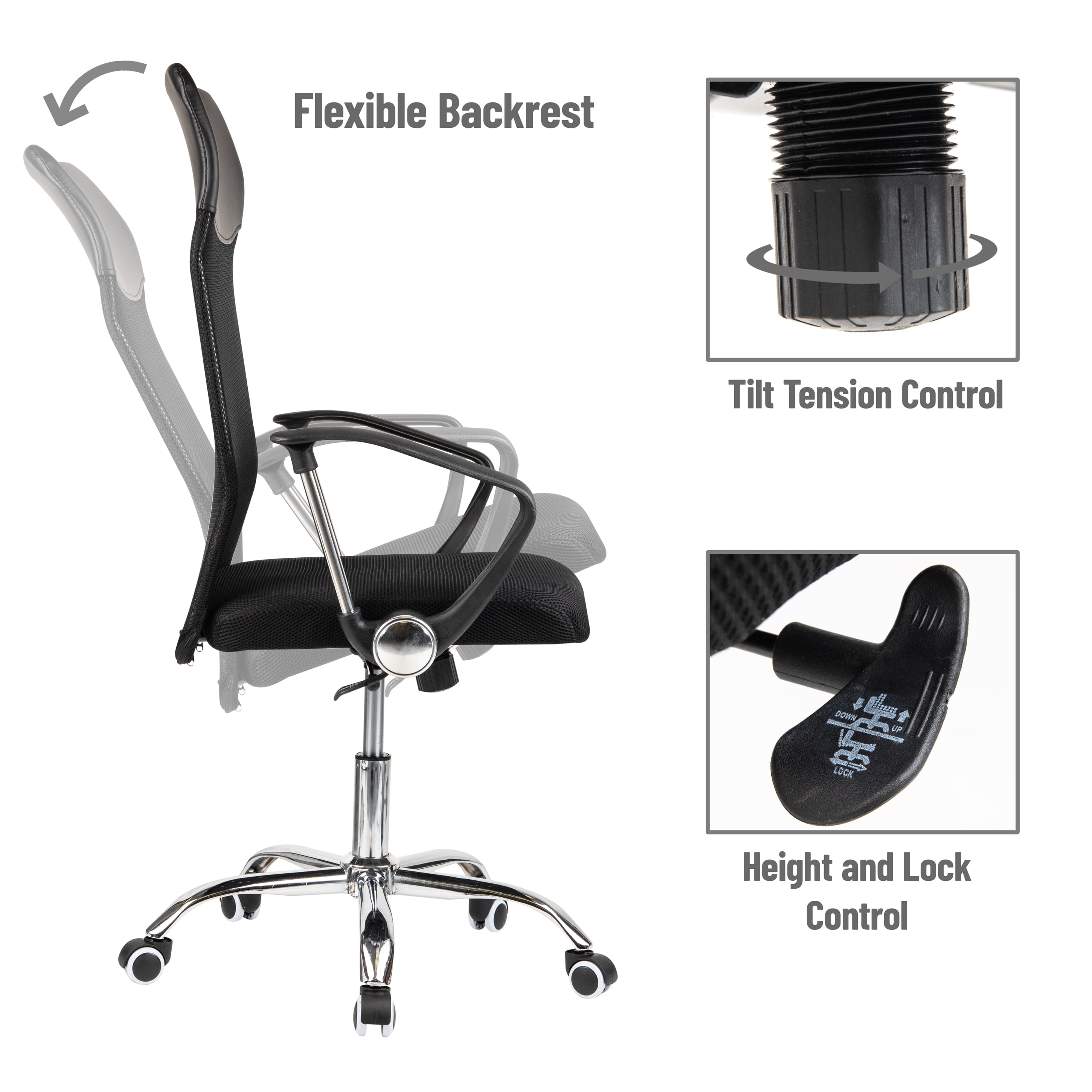 Mind Reader Office Chair with Wheels, Height Adjustable, Desk Chair, Office, 25.5"L x 21"W x 42.5-47"H, Black