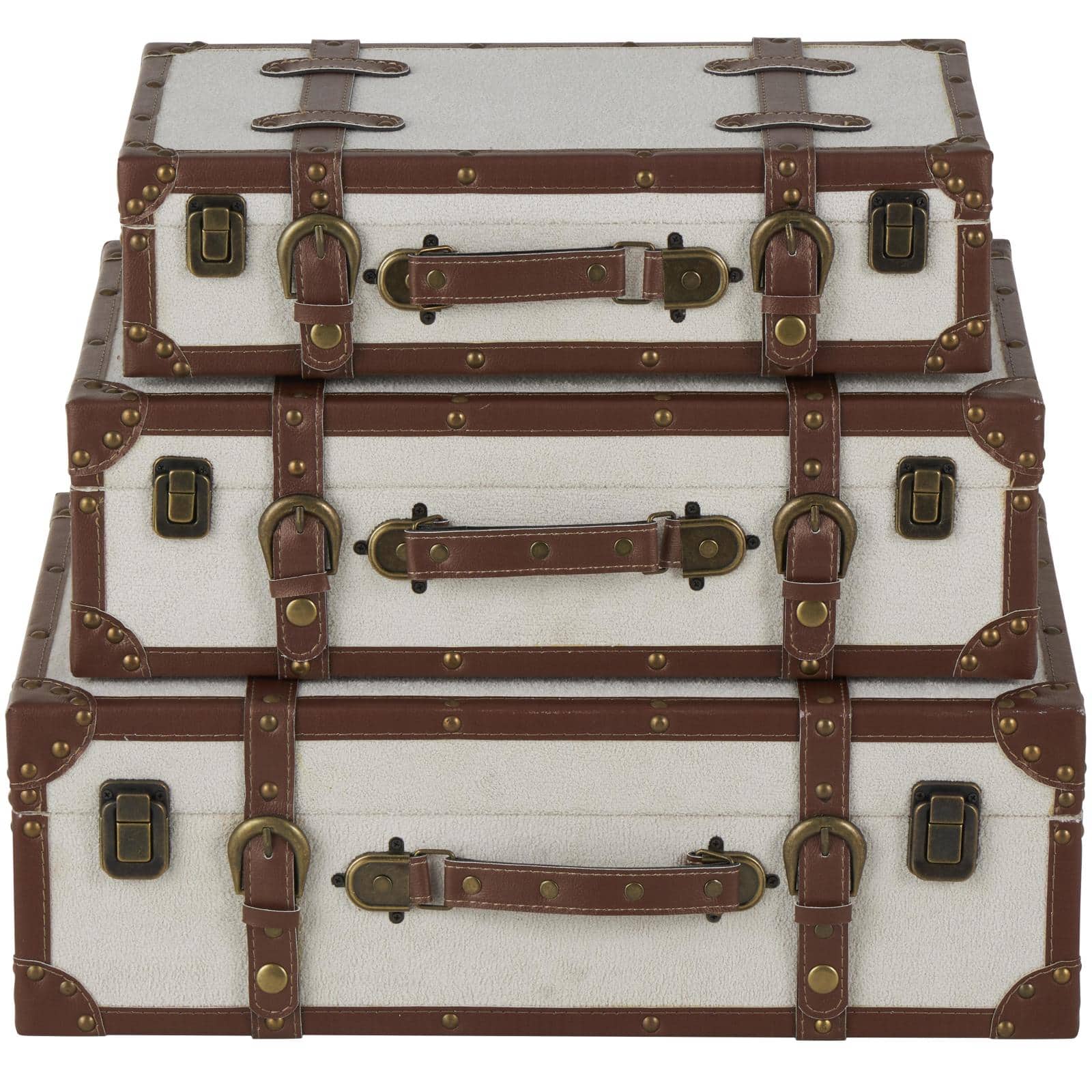 Light Gray Wooden Vintage Storage Trunk Set with Brown Leather Accents & Bronze Latches