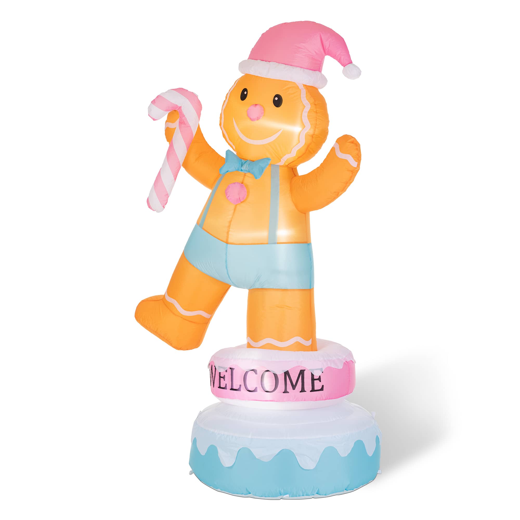 Glitzhome® 6FT Lighted Macaron Inflatable Rotating Gingerbread Man Decor
