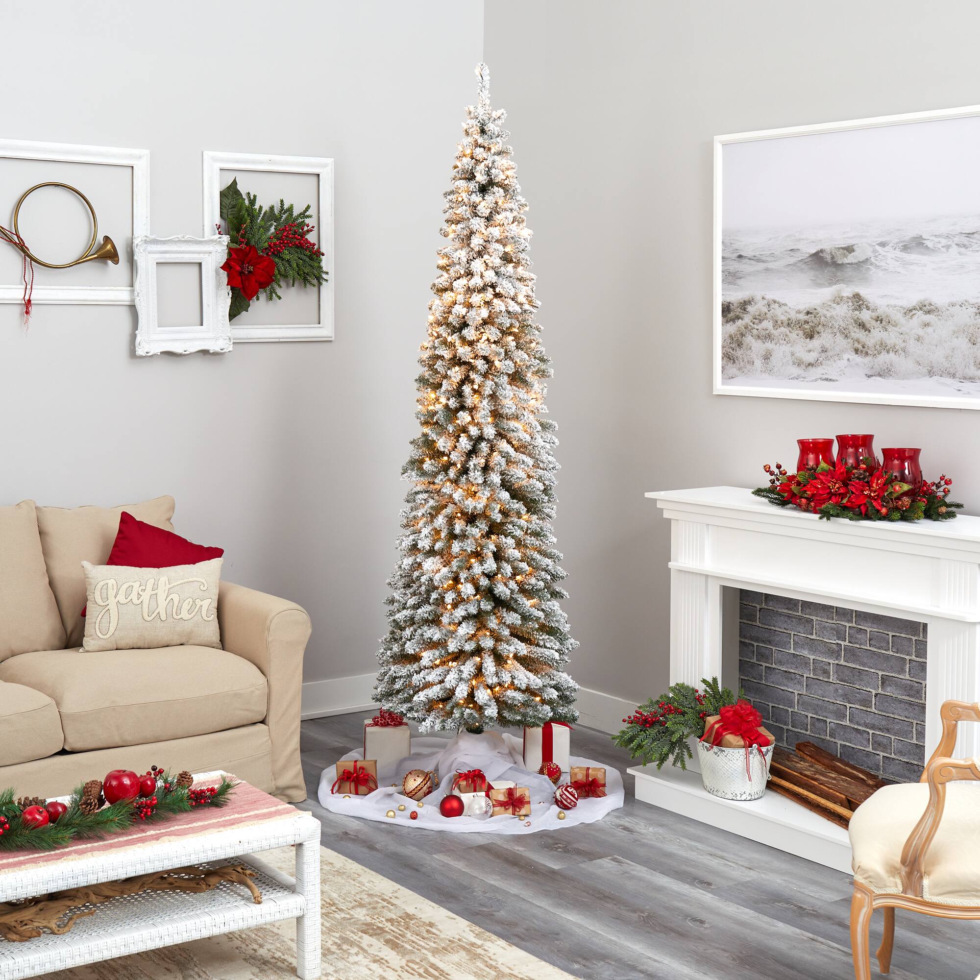 8ft. Pre-Lit Flocked Pencil Artificial Christmas Tree with Clear LED Lights