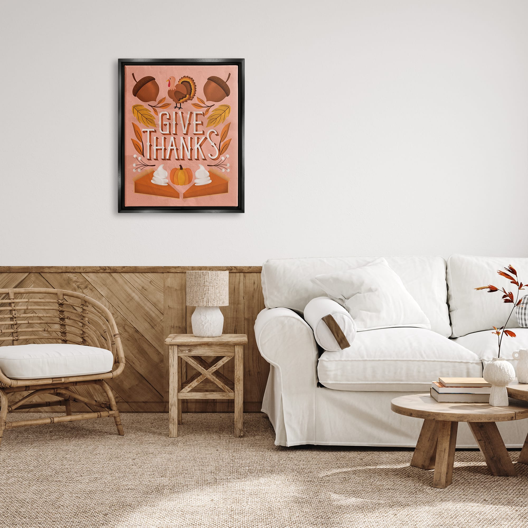 Stupell Industries Give Thanks Botanical Pumpkin Desserts Framed Floater Canvas Wall Art