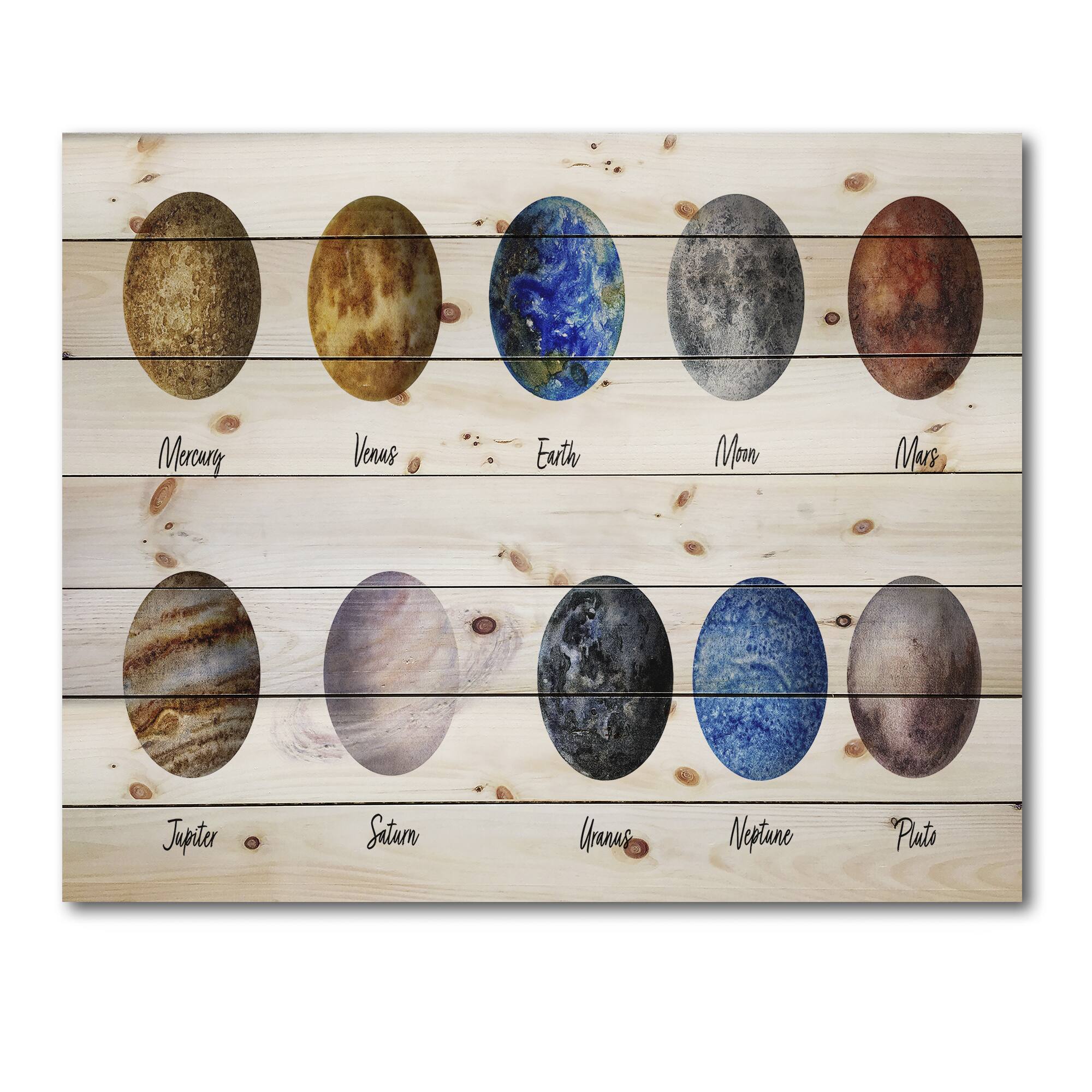 Designart - All Planets United - Modern Print on Natural Pine Wood