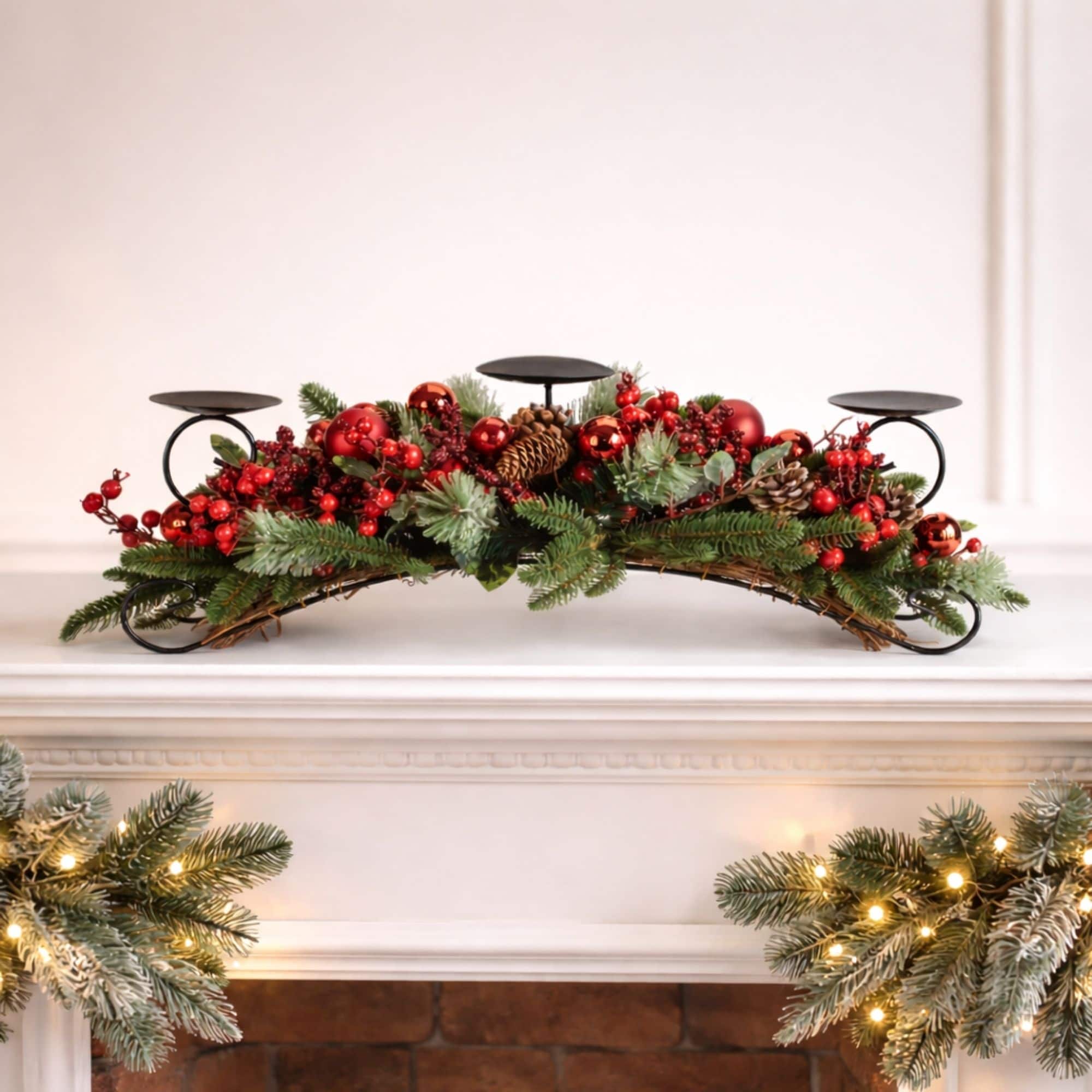 Melrose Decorated Pine & Berry Centerpiece Candle Holder