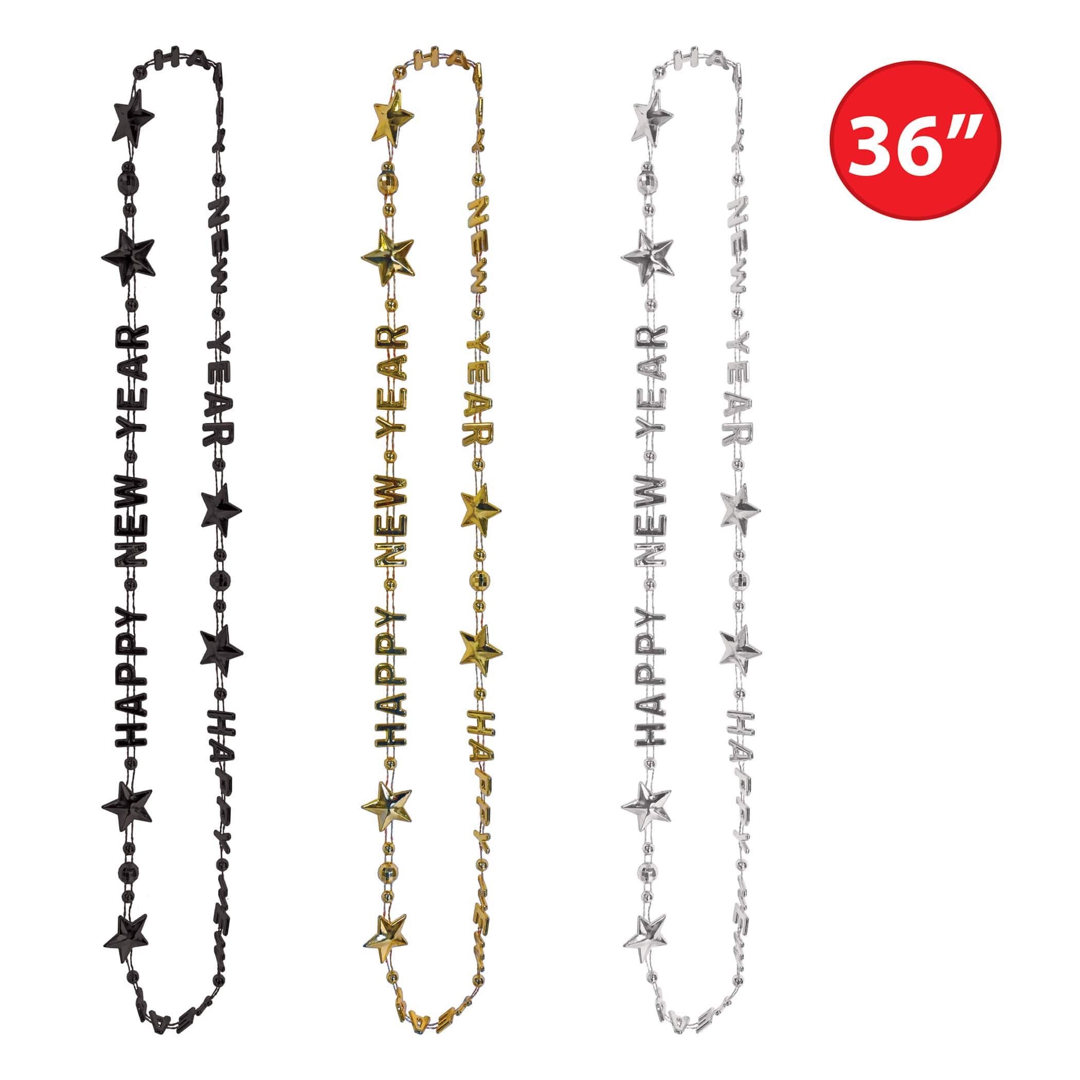 Beistle 36" Black, Gold & Silver Happy New Year Beads-Of-Expression, 2 Packs of 3