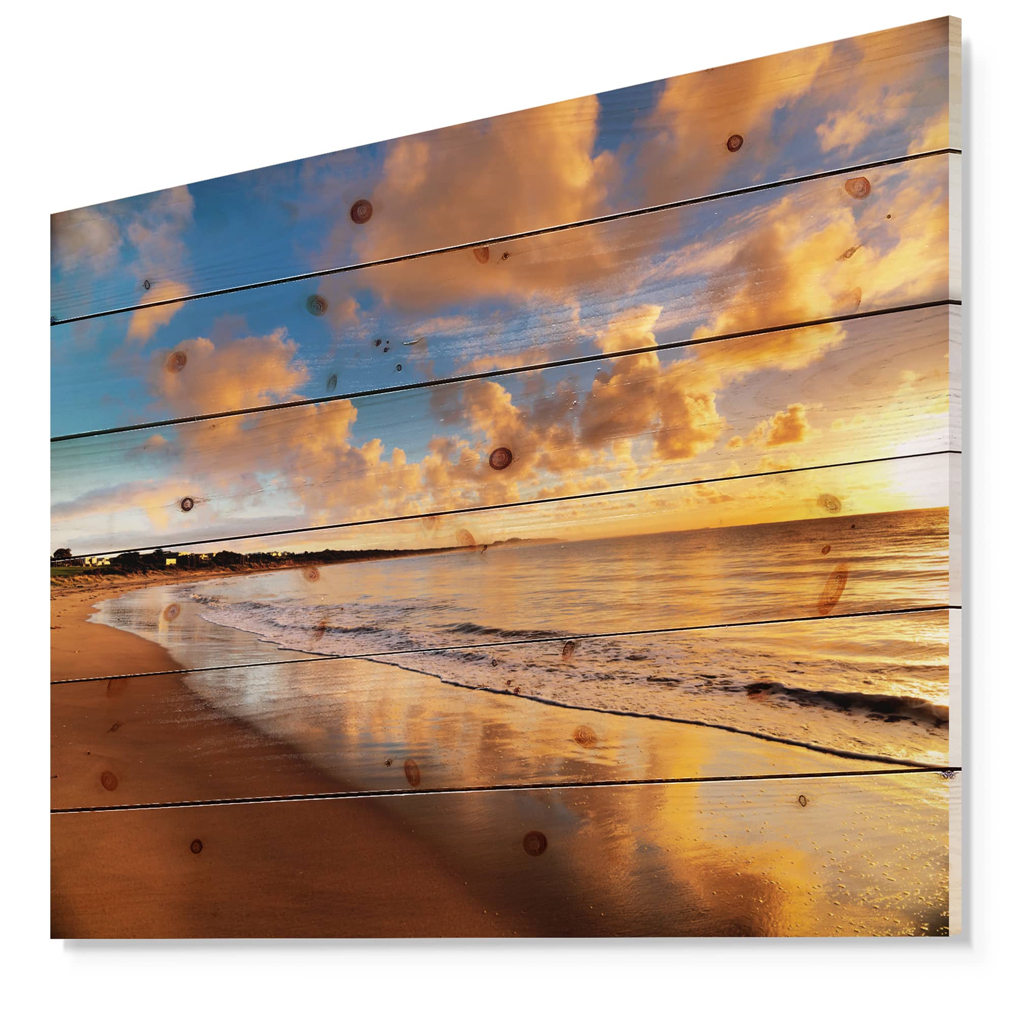 Designart - Colorful Sunset on the Beach - Landscape Print on Natural Pine Wood