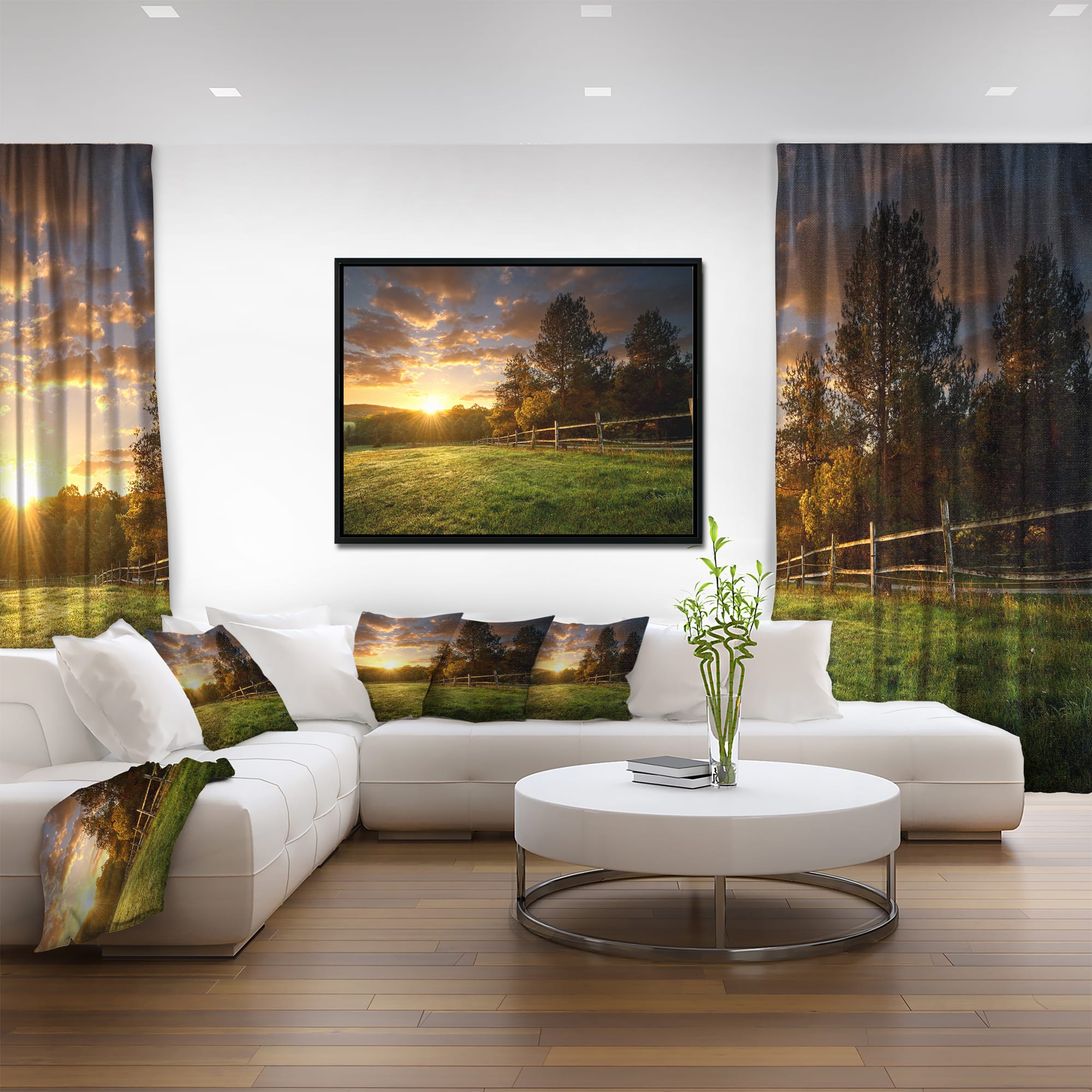 Designart - Fenced Ranch at Sunrise - Landscape Framed Canvas Art Print