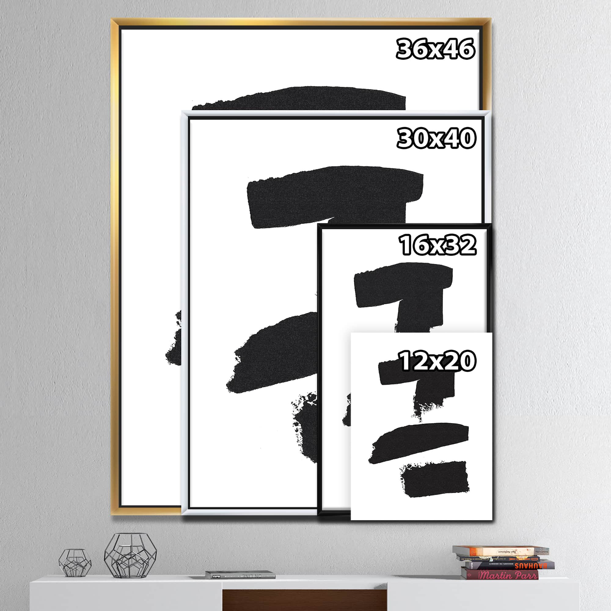 Designart - Black and White Geometric Company I - Mid-Century Modern Canvas in Gold Frame