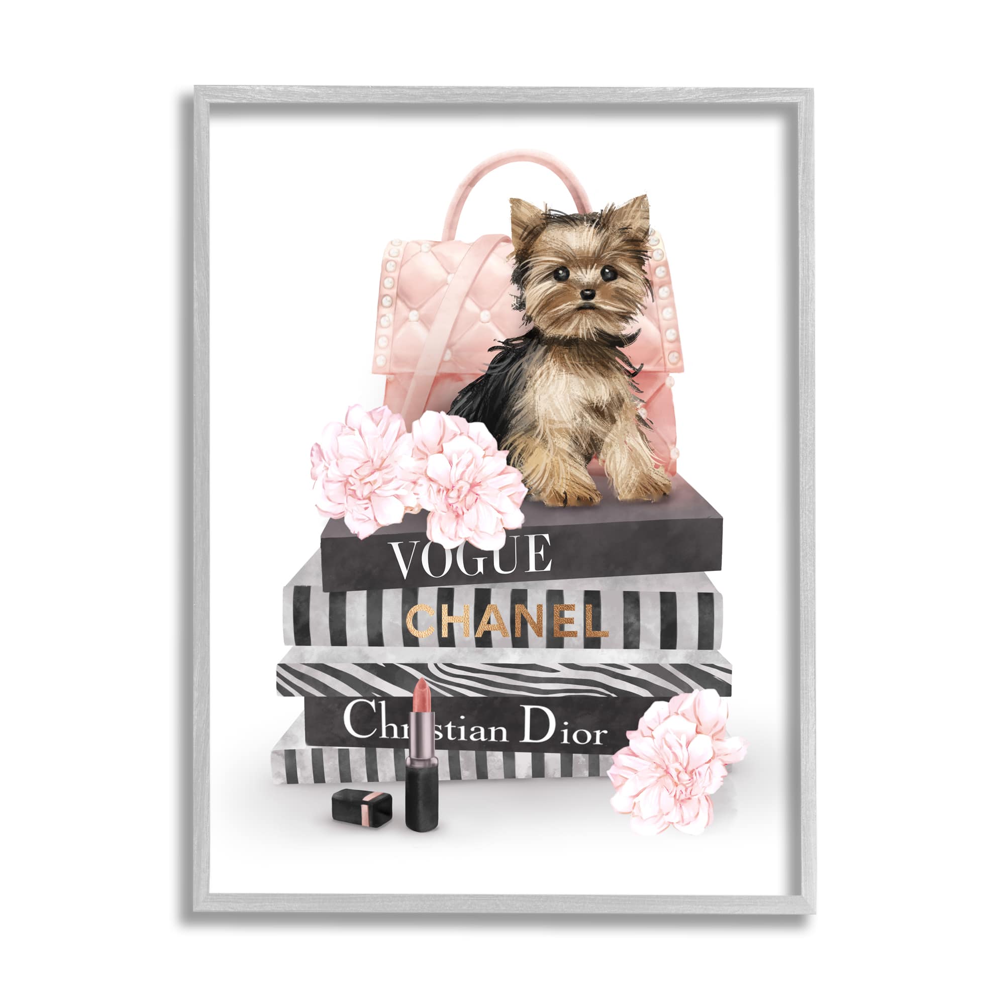 Stupell Industries Yorkie Puppy Glam Quilted Purse Fashion Bookstack Framed Wall Art