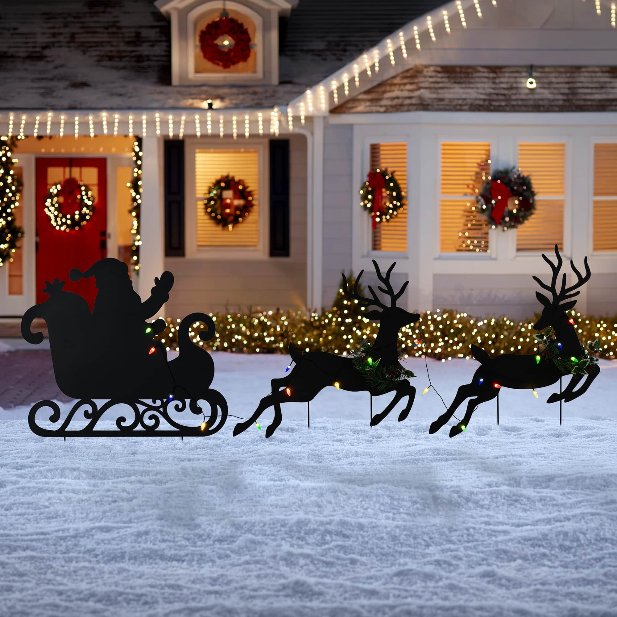 Glitzhome® 36" Set of 3 Christmas Lighted Metal Reindeer & Santa Sleigh Yard Stake with Timer