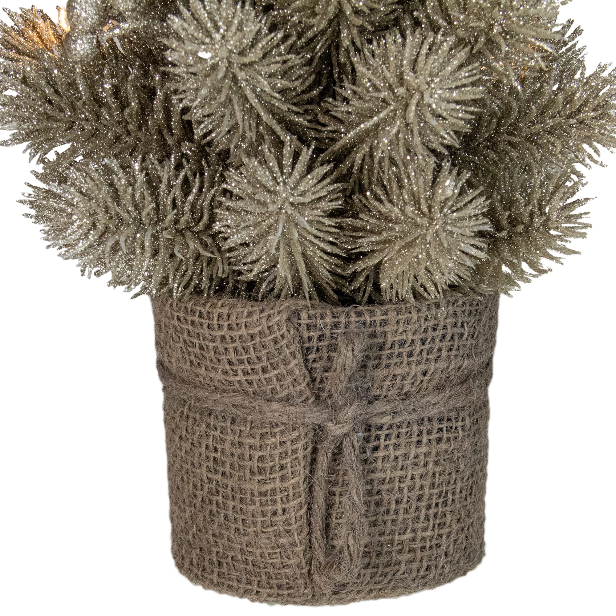 10.25" Pre-Lit Metallic Glitter Artificial Potted Christmas Tree with Burlap Base, Clear LED Lights