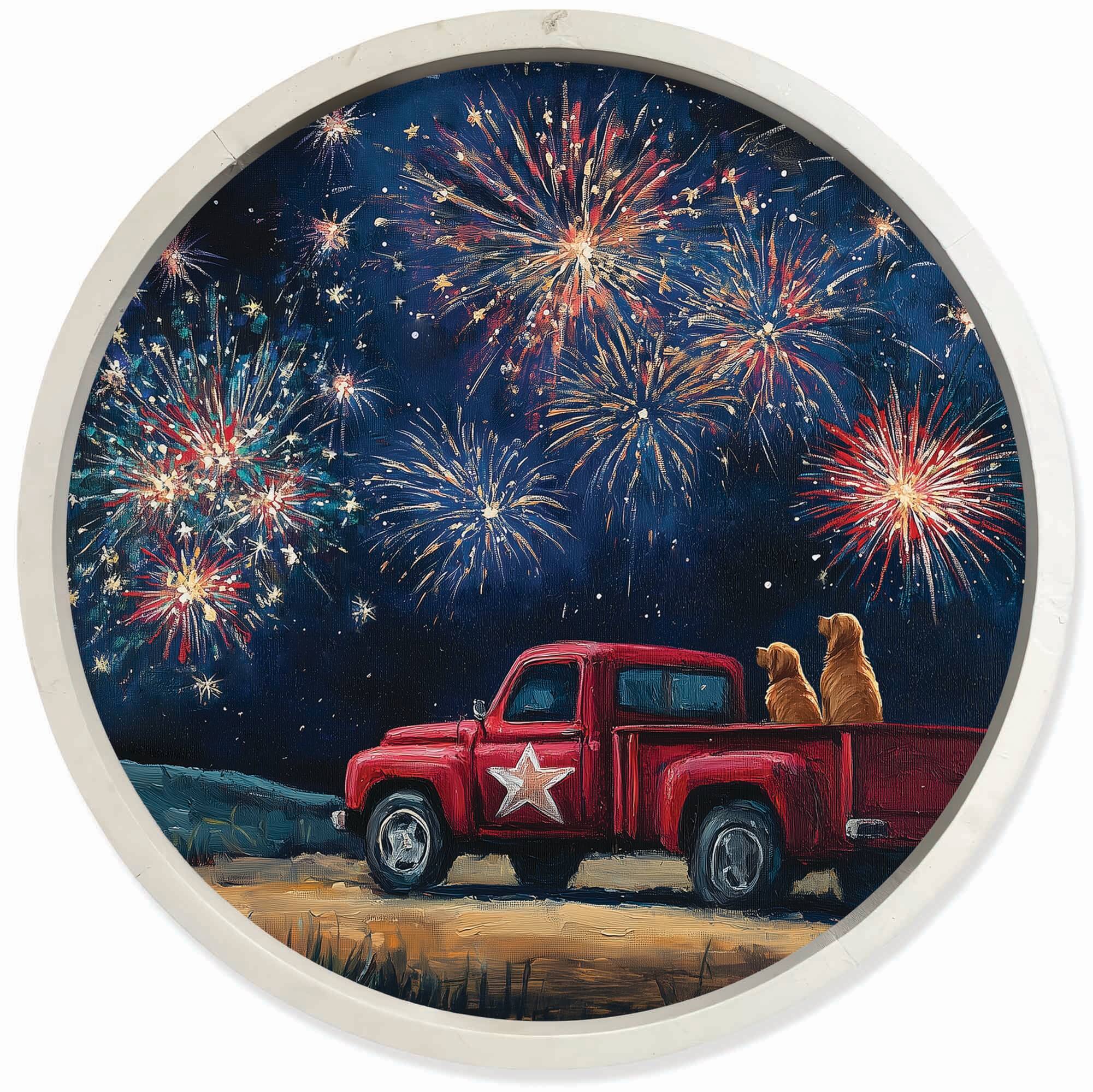 20" Goldens Watching Fireworks Round Framed Print