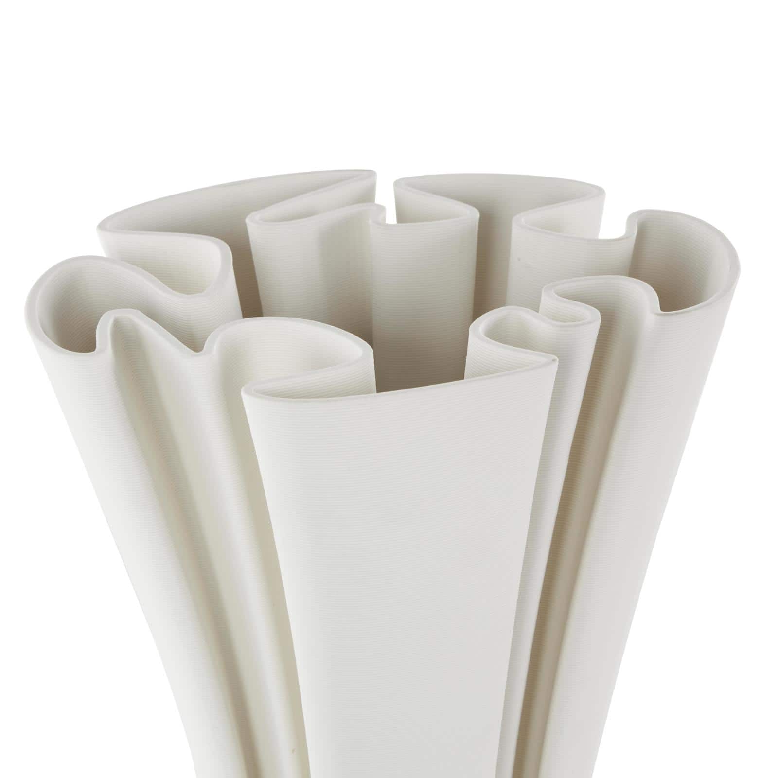 White Ceramic Abstract Ribbed Dimensional Folded Vase with Curvy Rim