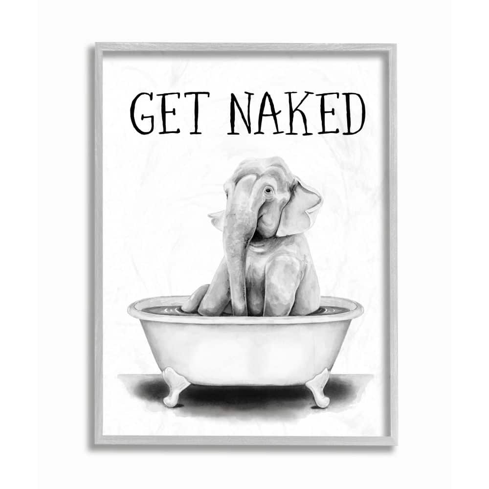 Stupell Industries Elephant Bathroom Humor Get Naked Phrase Animal Tub Framed Wall Art
