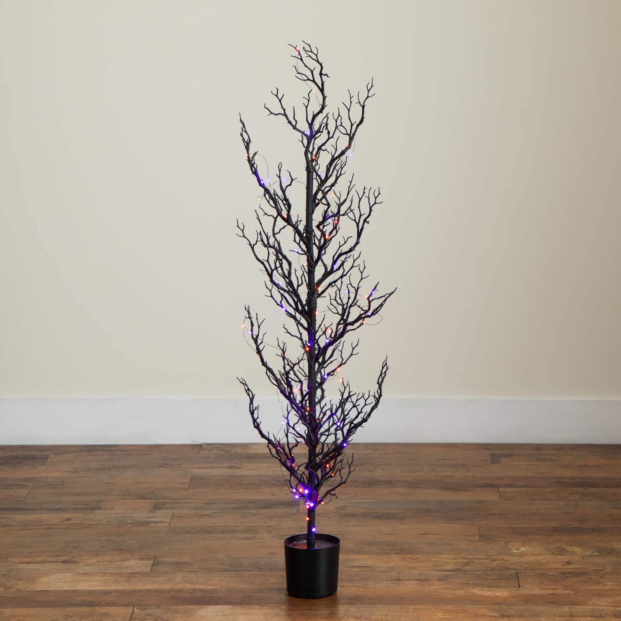 4ft. Pre-Lit Artificial Halloween Black Spooky Twig Tree with 160 Orange & Purple Copper Wire String LED Lights