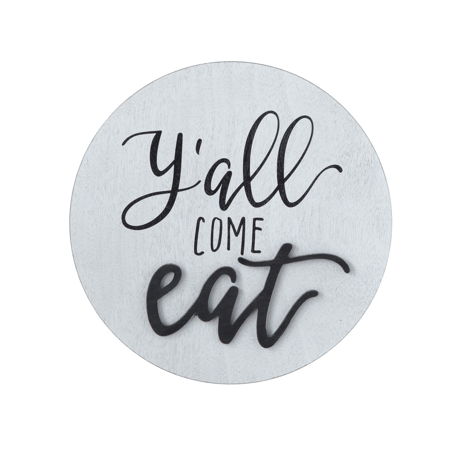 15.5" White with Black Y'all Come Eat Text Round Wood Wall Décor