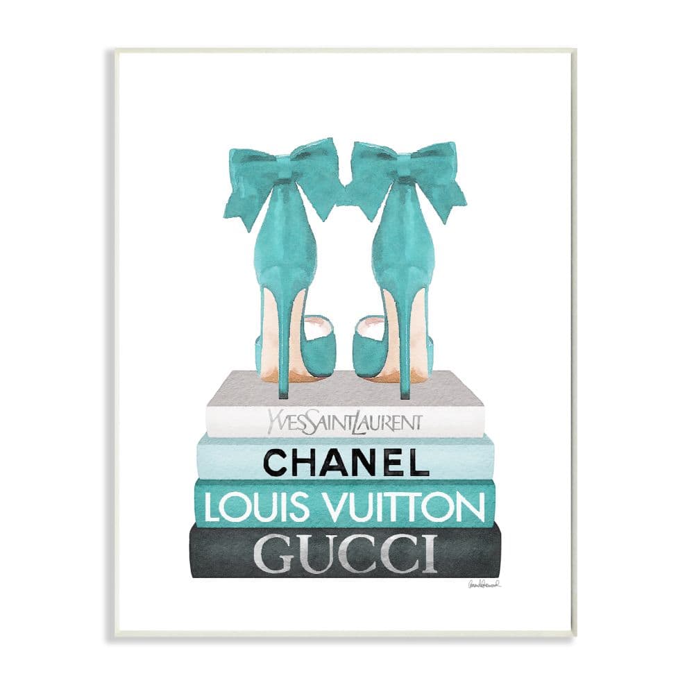 Stupell Industries Turquoise Bow Heels on Books Women's Fashion Wood Wall Plaque