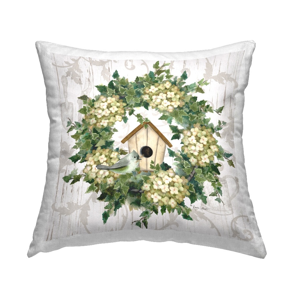 Stupell Industries Spring Birdhouse Green Wreath Decorative Printed Throw Pillow