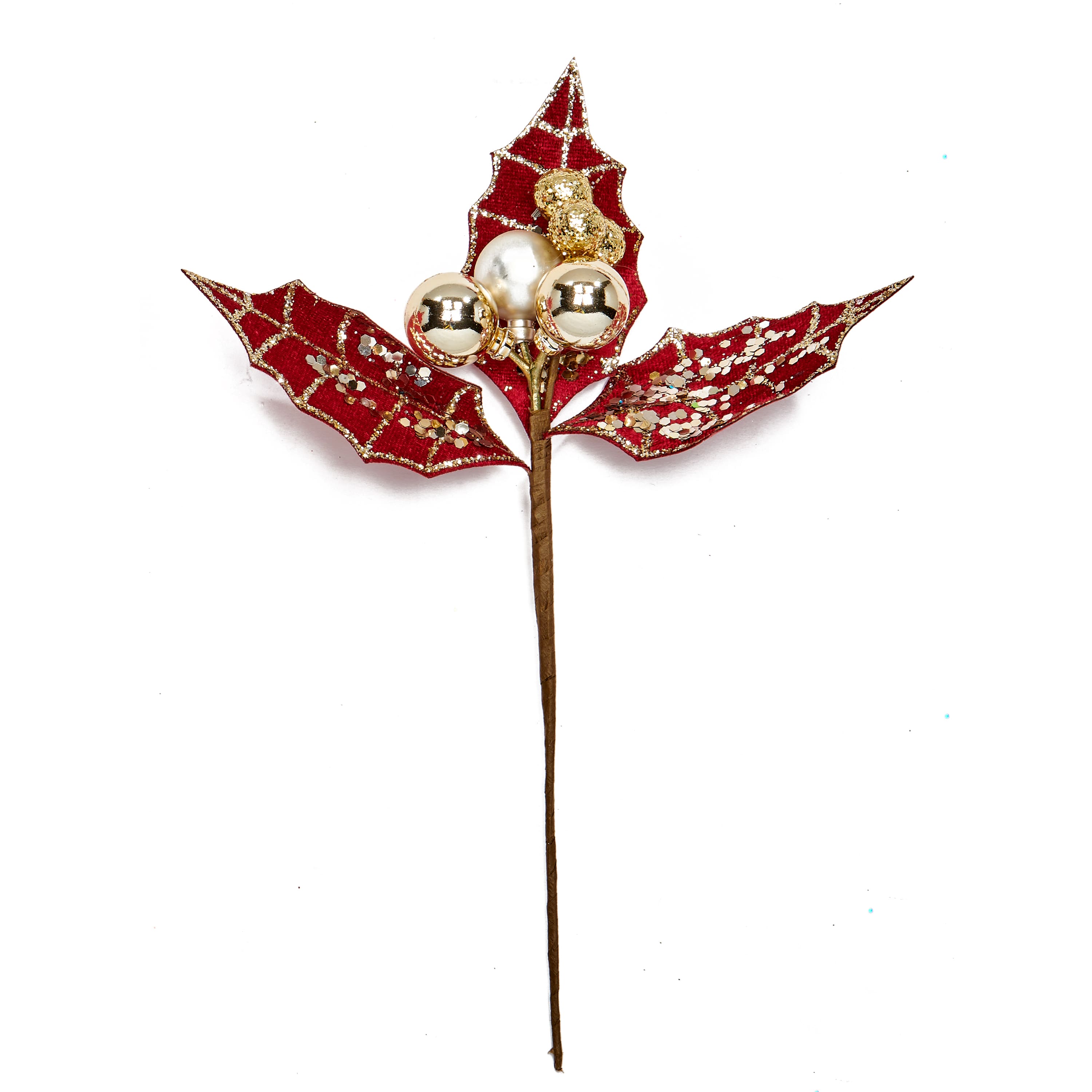 10" Christmas Glittered Ball & Leaves Picks