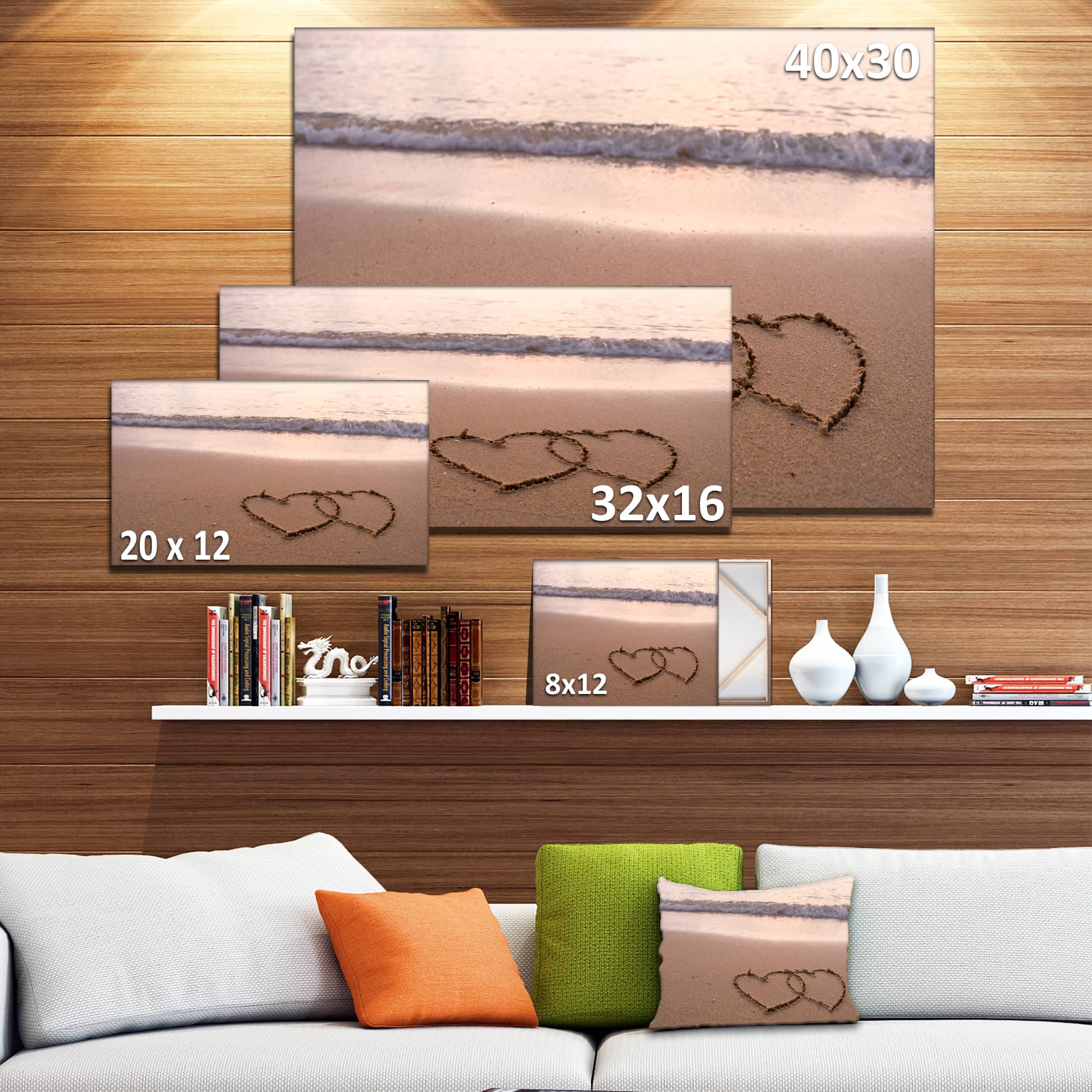 Designart - Two Hearts Drawn on the Beach - Extra Large Seascape Art Canvas