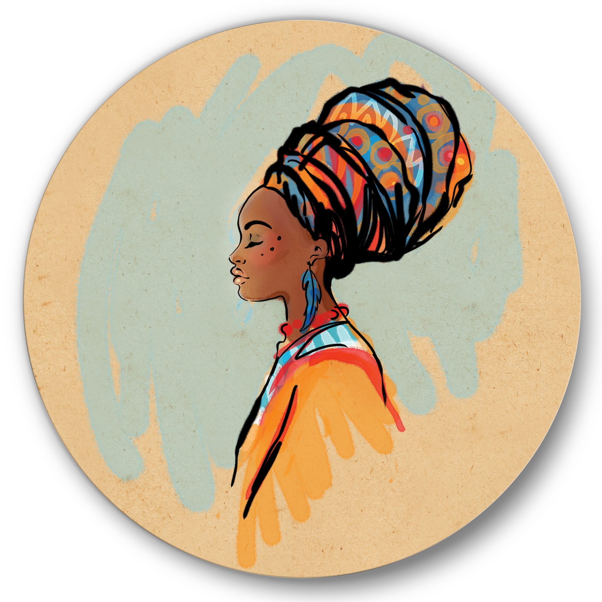 Designart - Portrait of Afro American Woman With Turban II - Modern Metal Circle Wall Art
