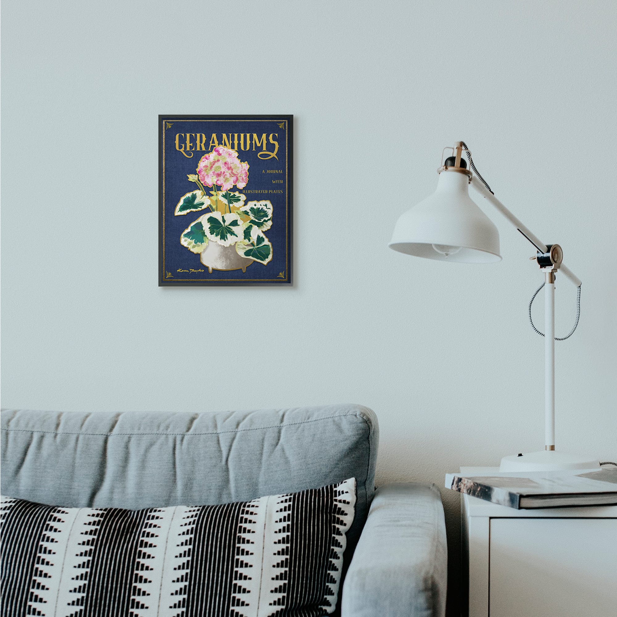 Stupell Industries Geraniums Blue Gold Flower Word Design in Frame Wall Art