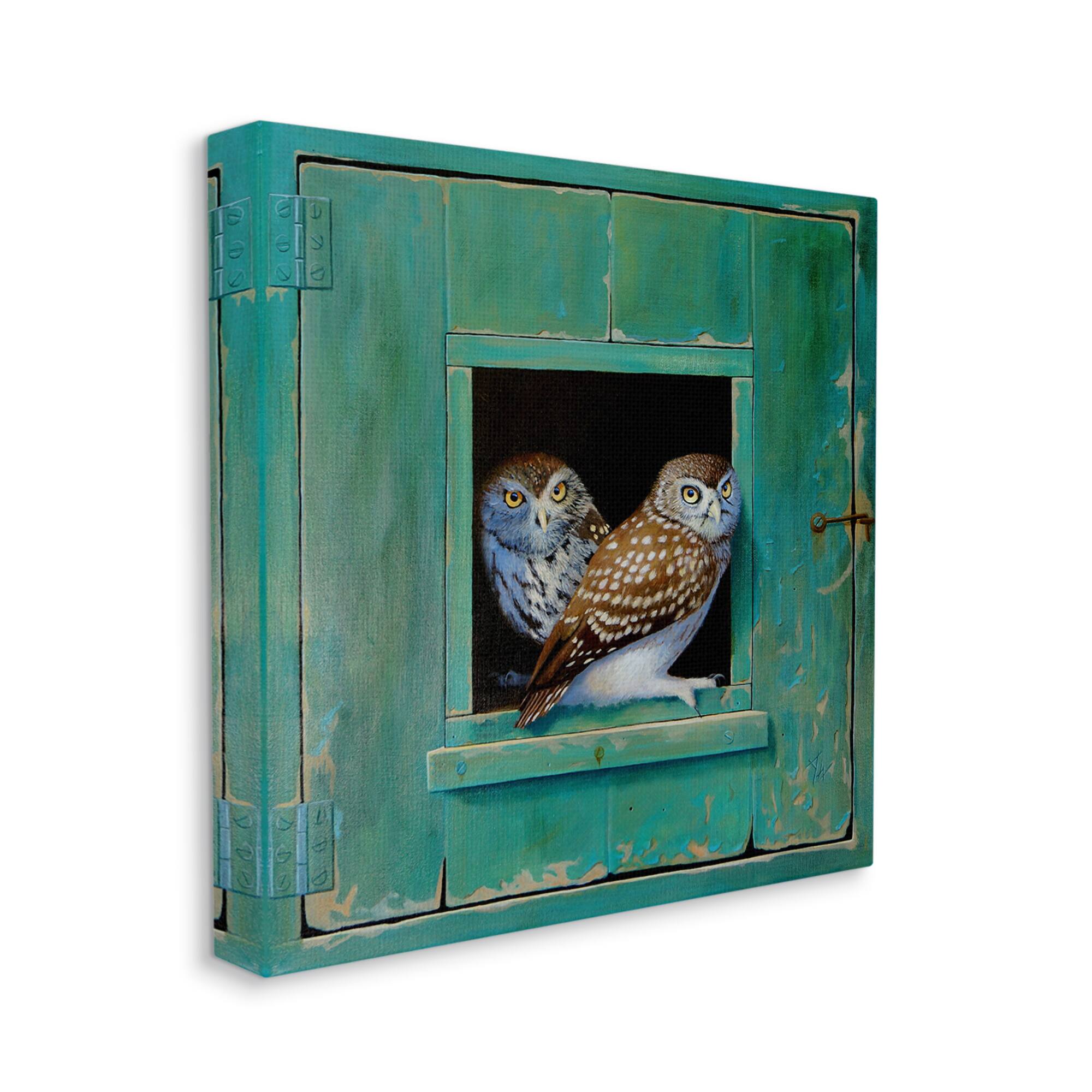 Stupell Industries Spotted Owls Perched Rustic Green Door Ledge Canvas Wall Art