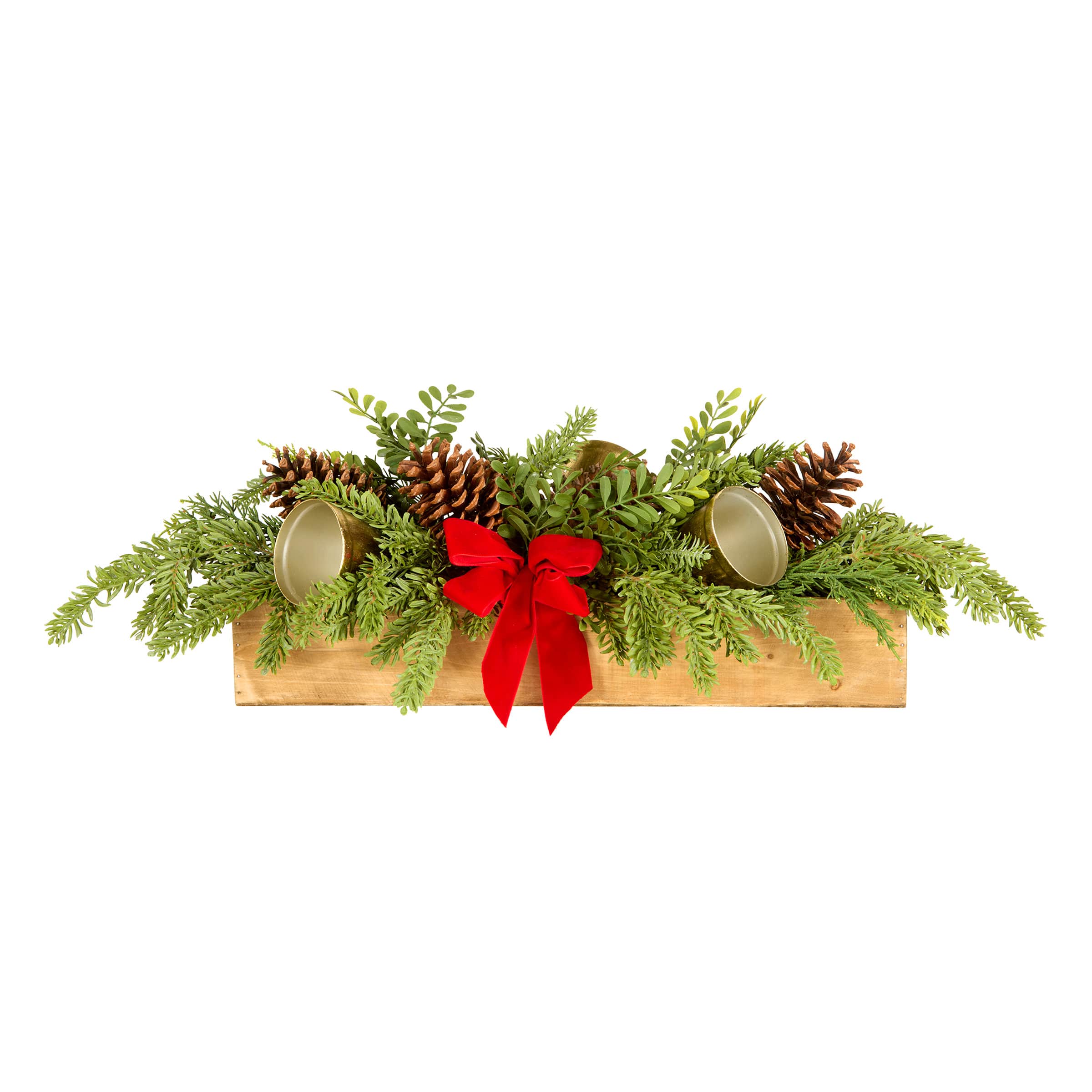 27" Christmas Bells Cypress & Pinecone Centerpiece in Wood Planter