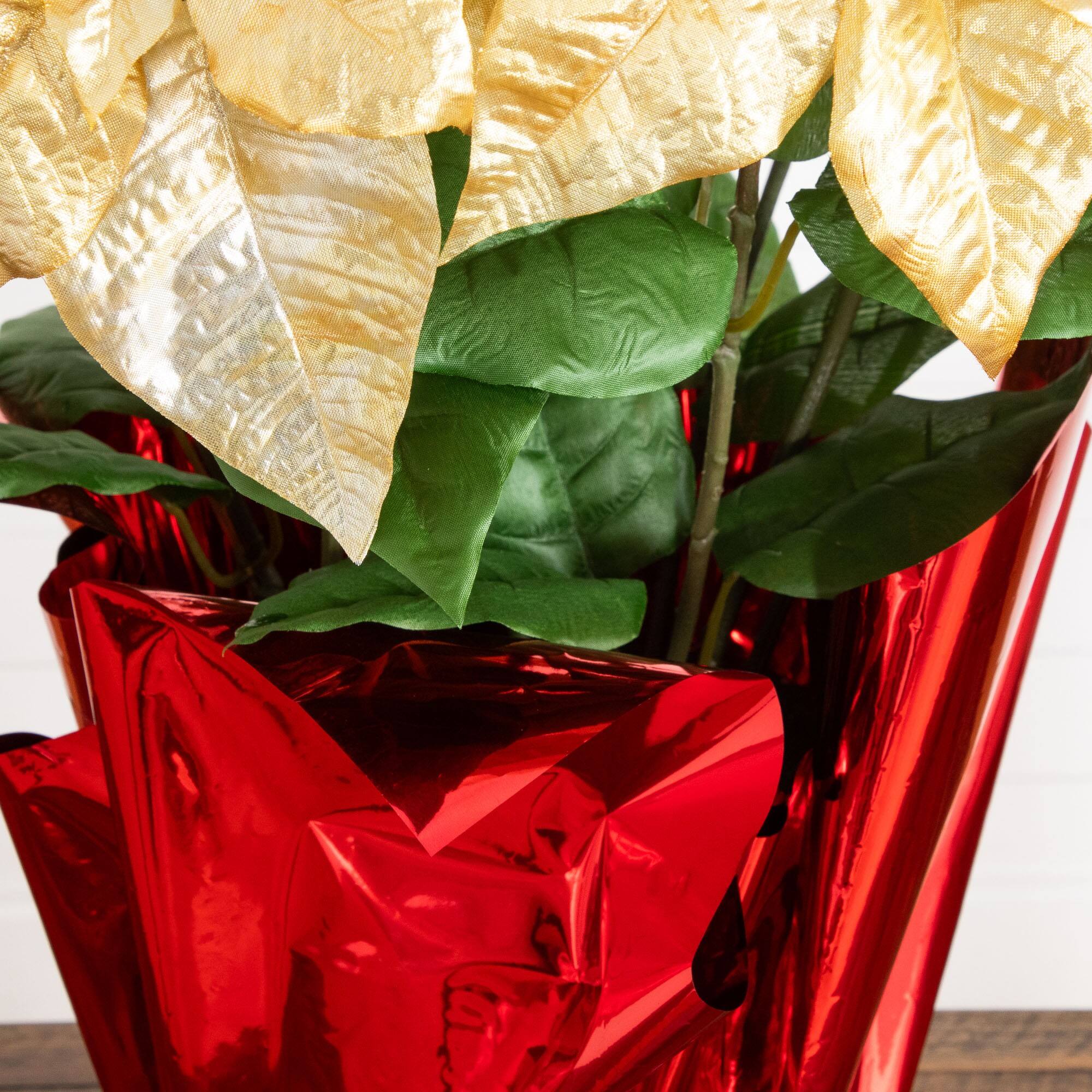 Nearly Natural 30" Artificial Grand Velvet Poinsettia in Red Wrapped Planter