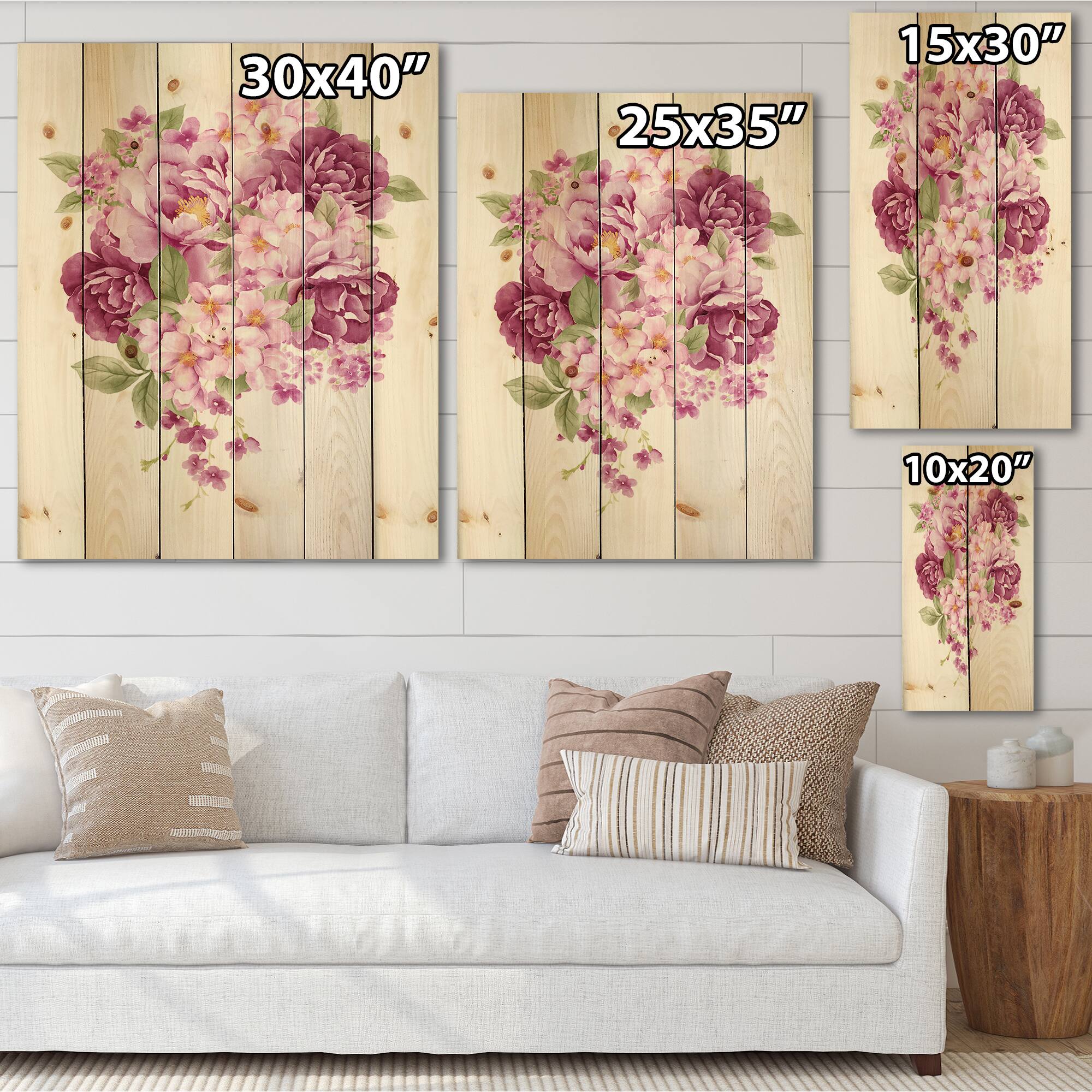 Designart - Pink Retro Flowers - Traditional Print on Natural Pine Wood