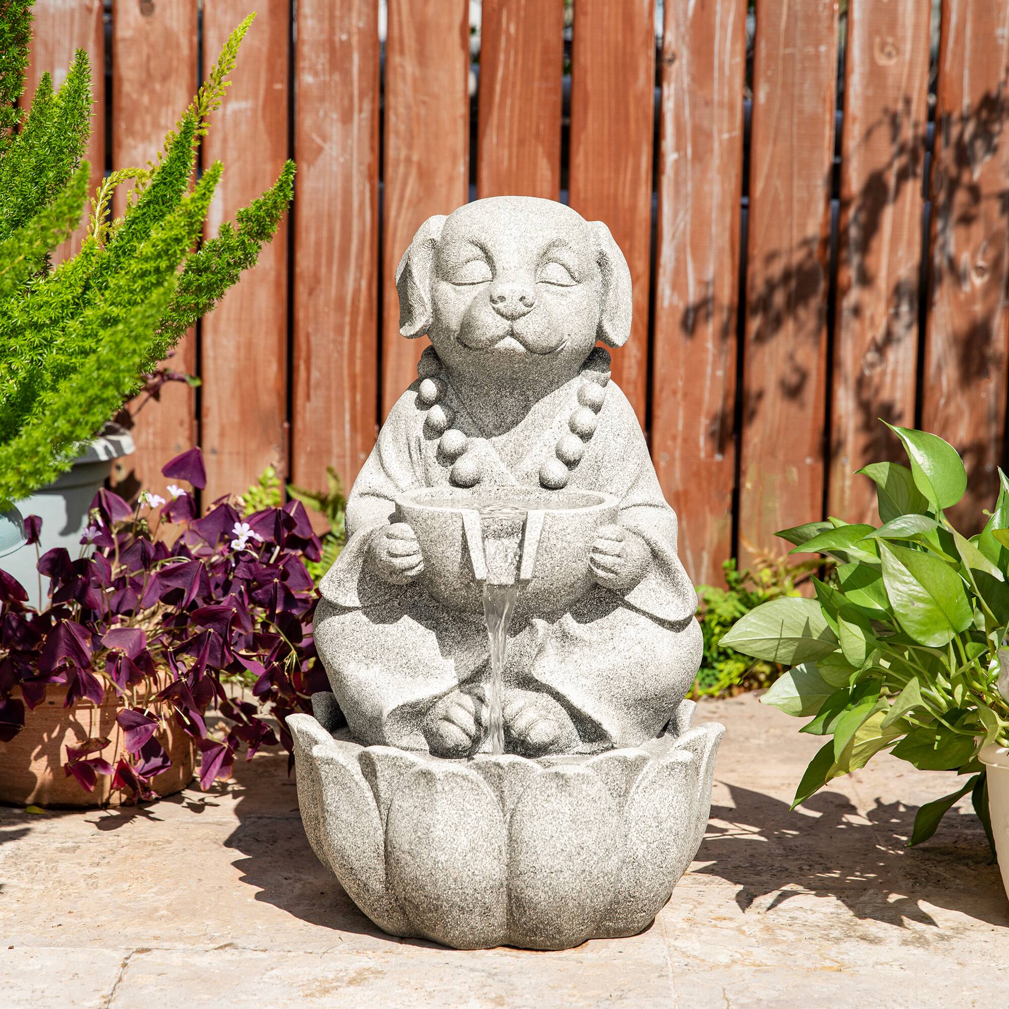 Glitzhome® 21.75" Zen-Style LED 2-Tier Concrete Dog Outdoor Fountain